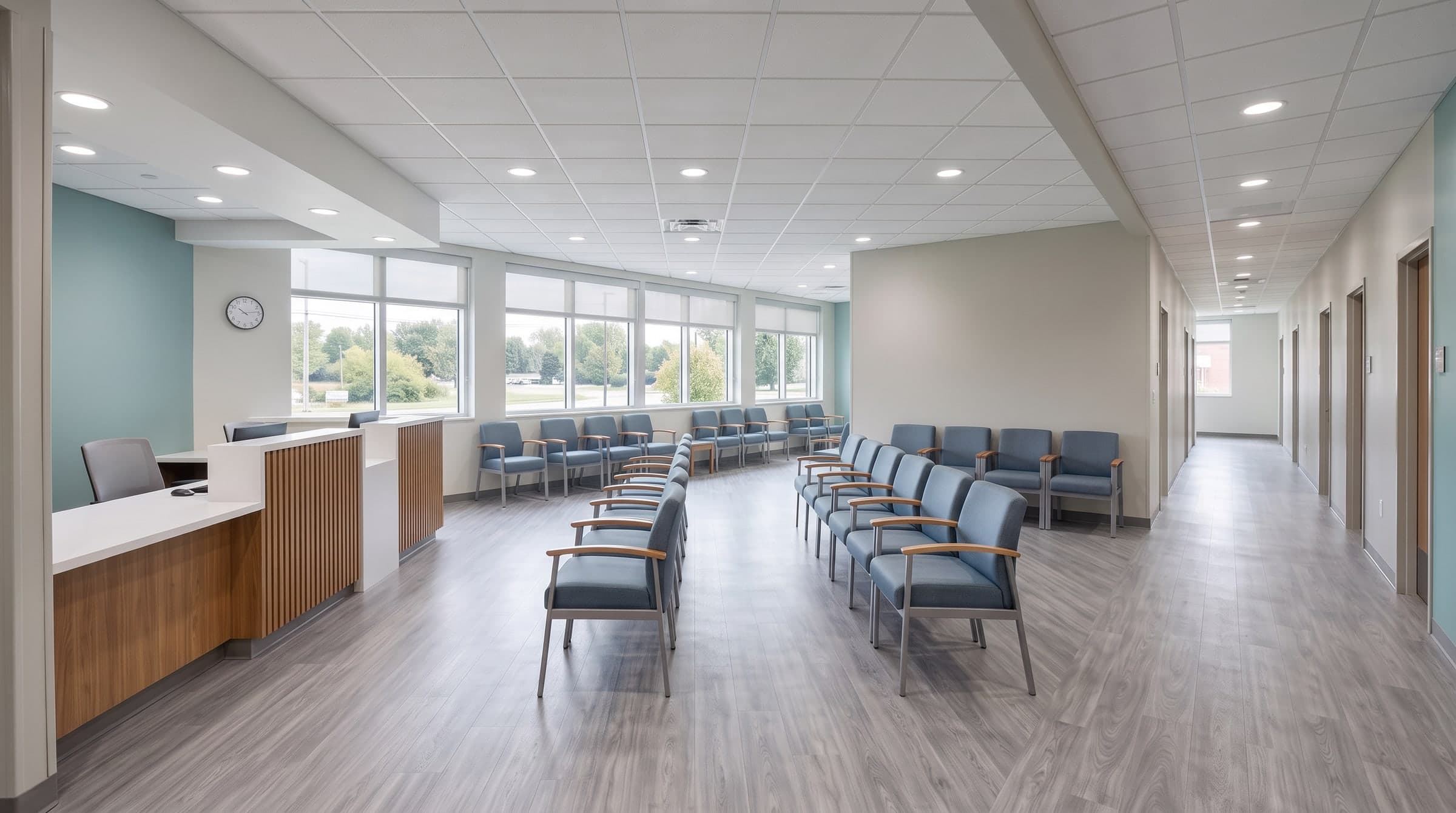 The renovated outpatient center: the new waiting room and the corridor to the exam rooms
