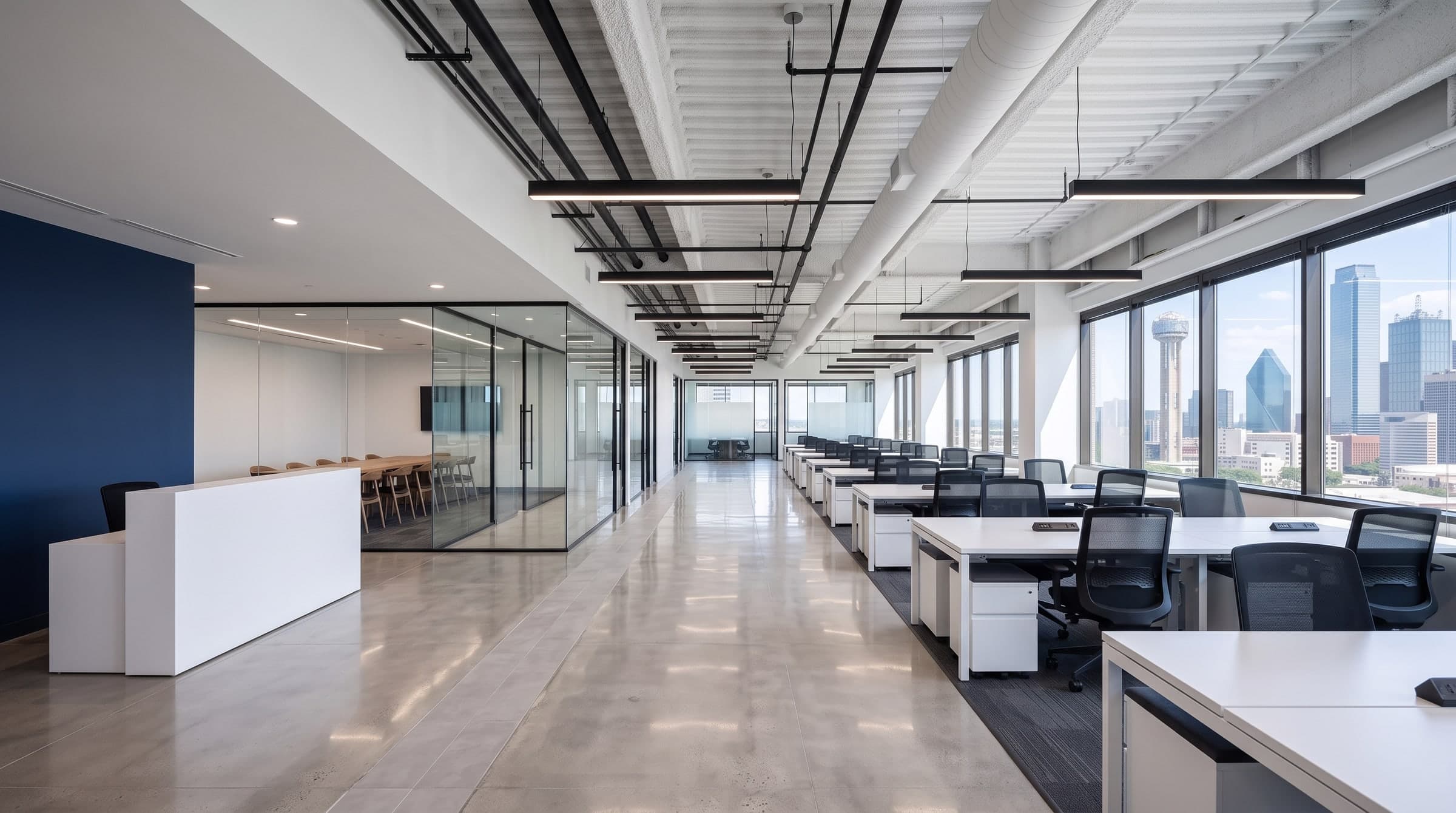 The remodelled office floor: open workspace, reception with a navy feature wall and glass-front meeting rooms
