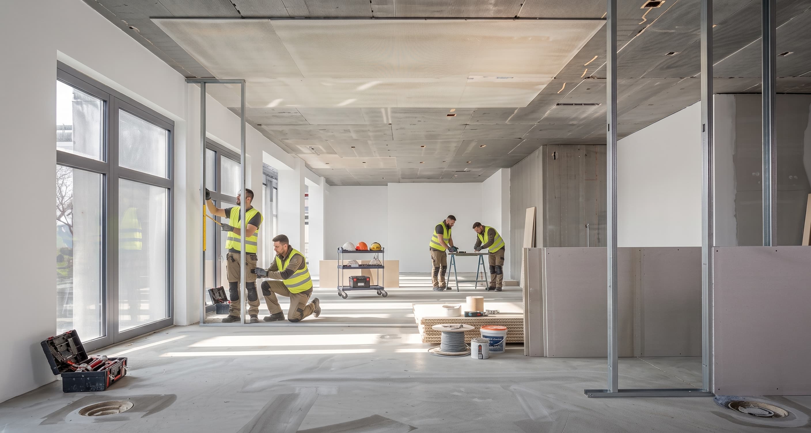 Interior fit-out in progress: a crew of four in hi-vis setting metal stud framing and glazed partitions, drywall stacked at the right, daylight through a window wall
