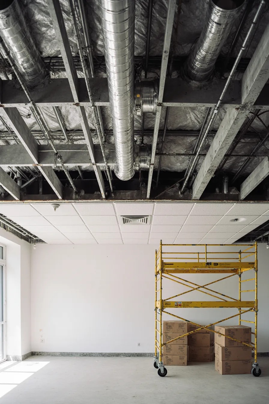A ceiling grid half closed under finished overhead services: insulated ducts, sprinkler pipe and conduit above the open bays, white tile, a diffuser and a sprinkler head in the near half, and a rolling scaffold with boxes of tile