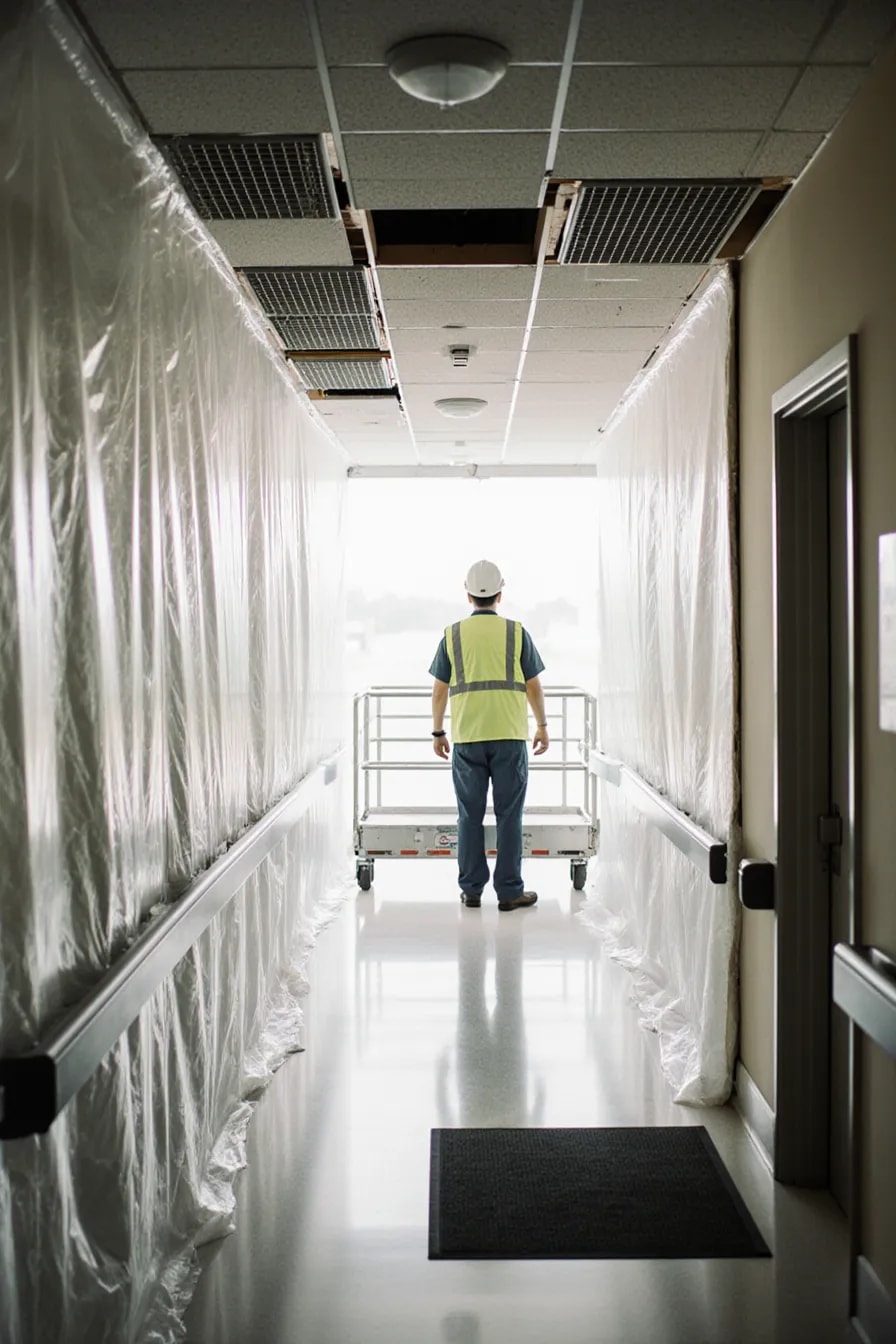 A hospital corridor sealed with floor-to-ceiling plastic containment while ceiling tiles are out of the grid, a worker in a hard hat and hi-vis vest seen from behind, and a walk-off mat on the clean floor