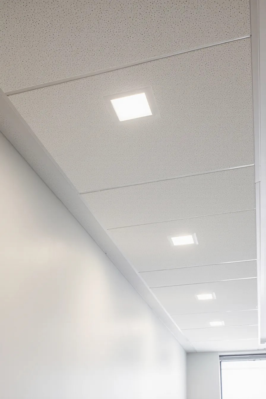 A new suspended acoustic ceiling seen from below: white tile in a white grid, square recessed lights centered in their tiles, and clean perimeter trim along a painted wall