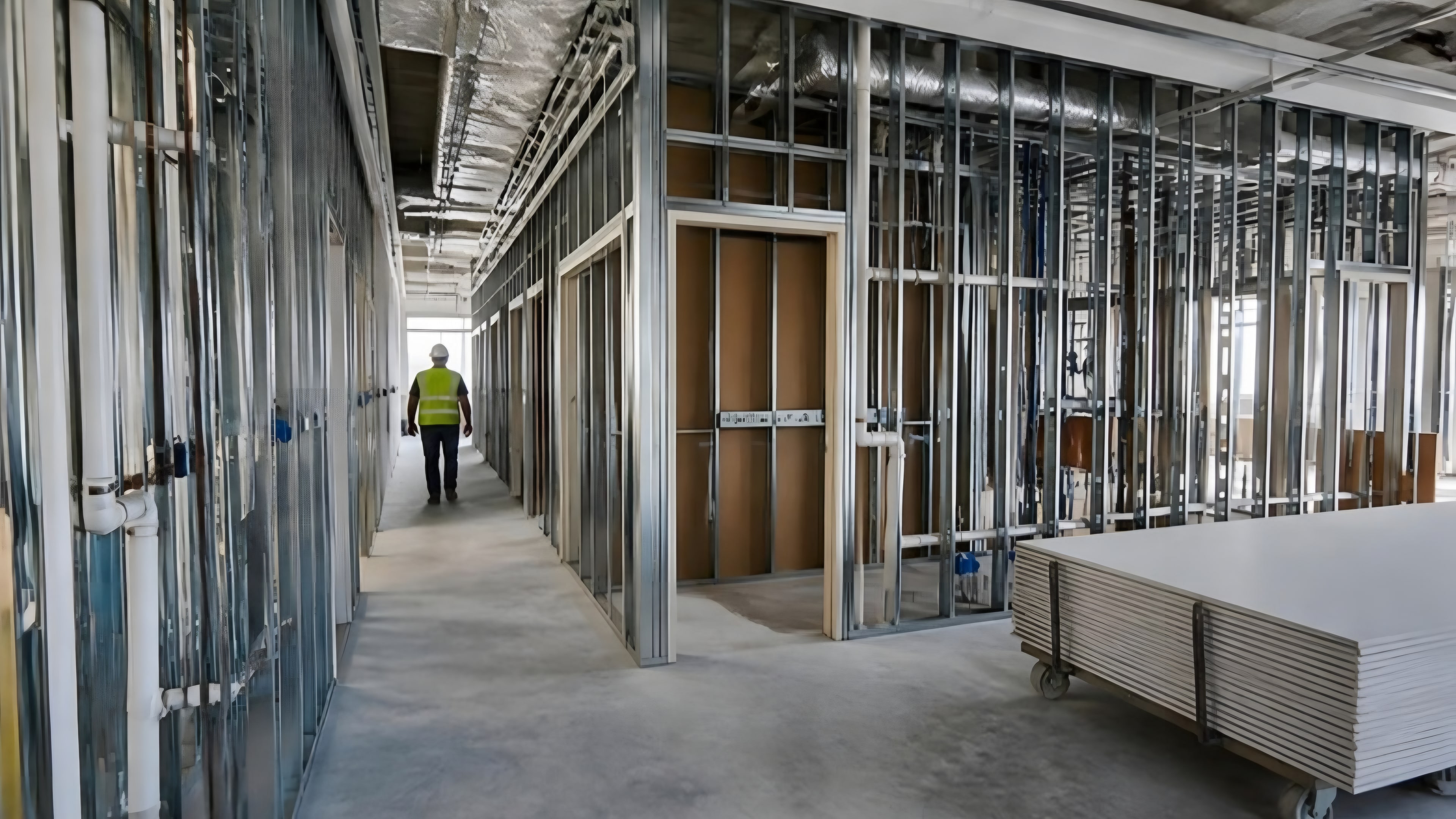 Metal stud framing forming small rooms along a corridor, door frames in the openings and drywall stacked on a cart