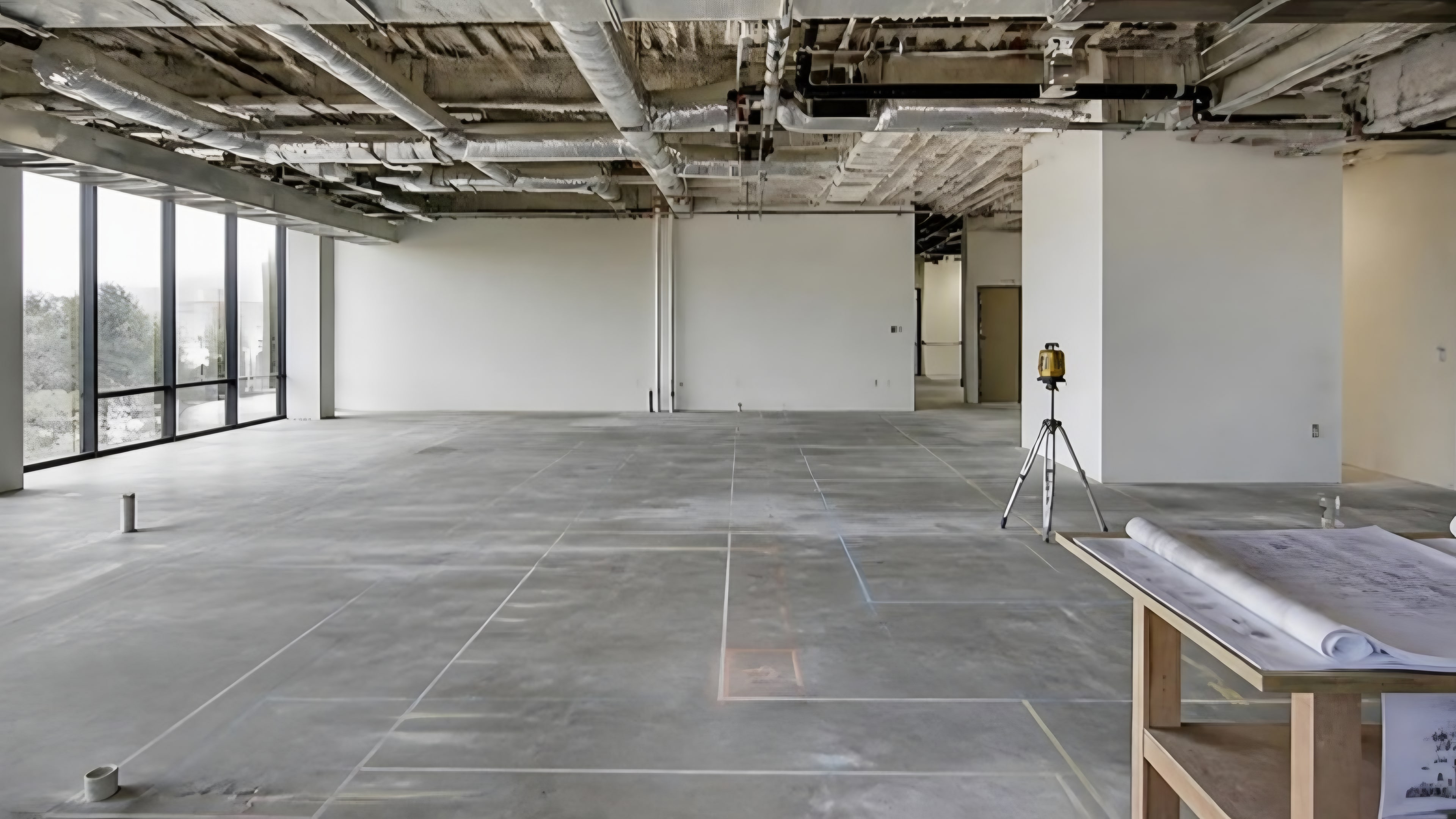 An open concrete floor with wall lines marked out, a laser level on a tripod and drawings on a plan table