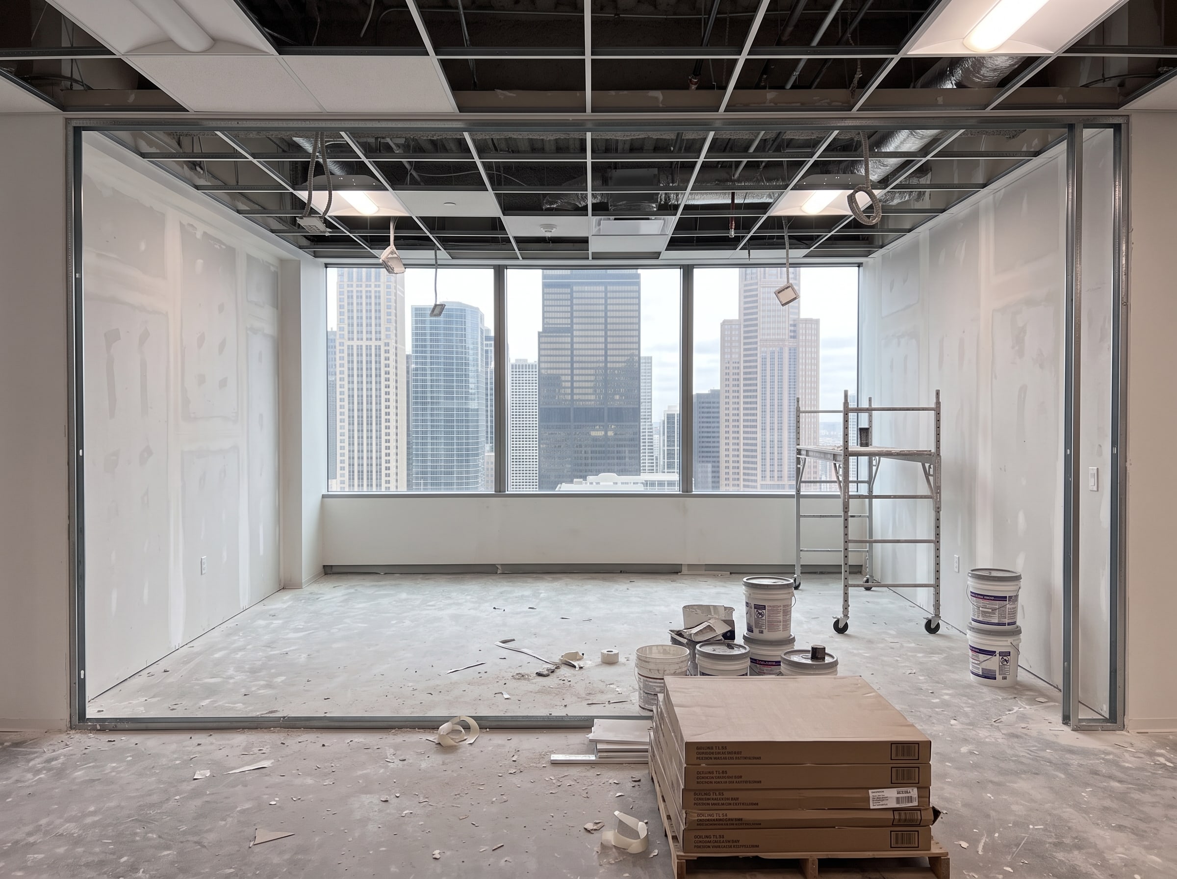 The same meeting room after drywall: walls taped and sanded, the acoustic ceiling grid going in, ceiling tiles stacked on a pallet
