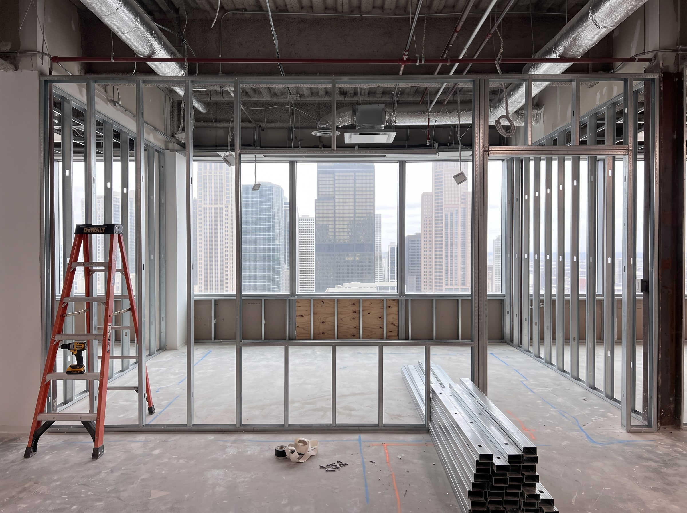 The same meeting room in metal stud framing, the opening for the glass front framed and metal studs stacked on the floor