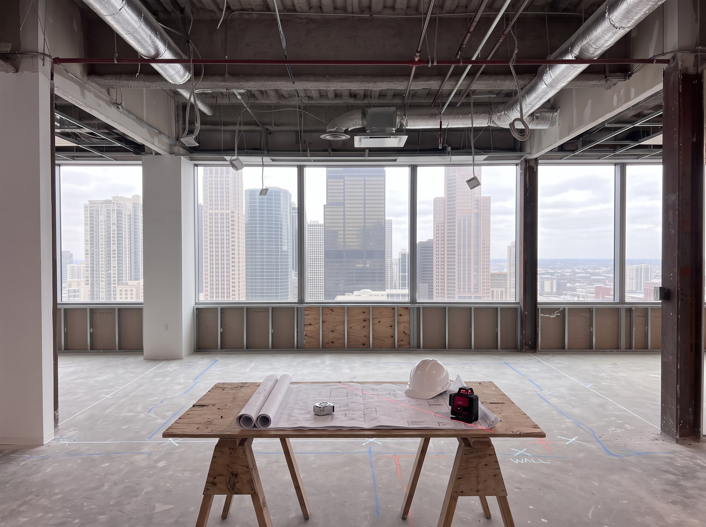 The empty shell floor before any walls: layout lines on the slab, the drawing set open on a plan table with a hard hat and a laser level