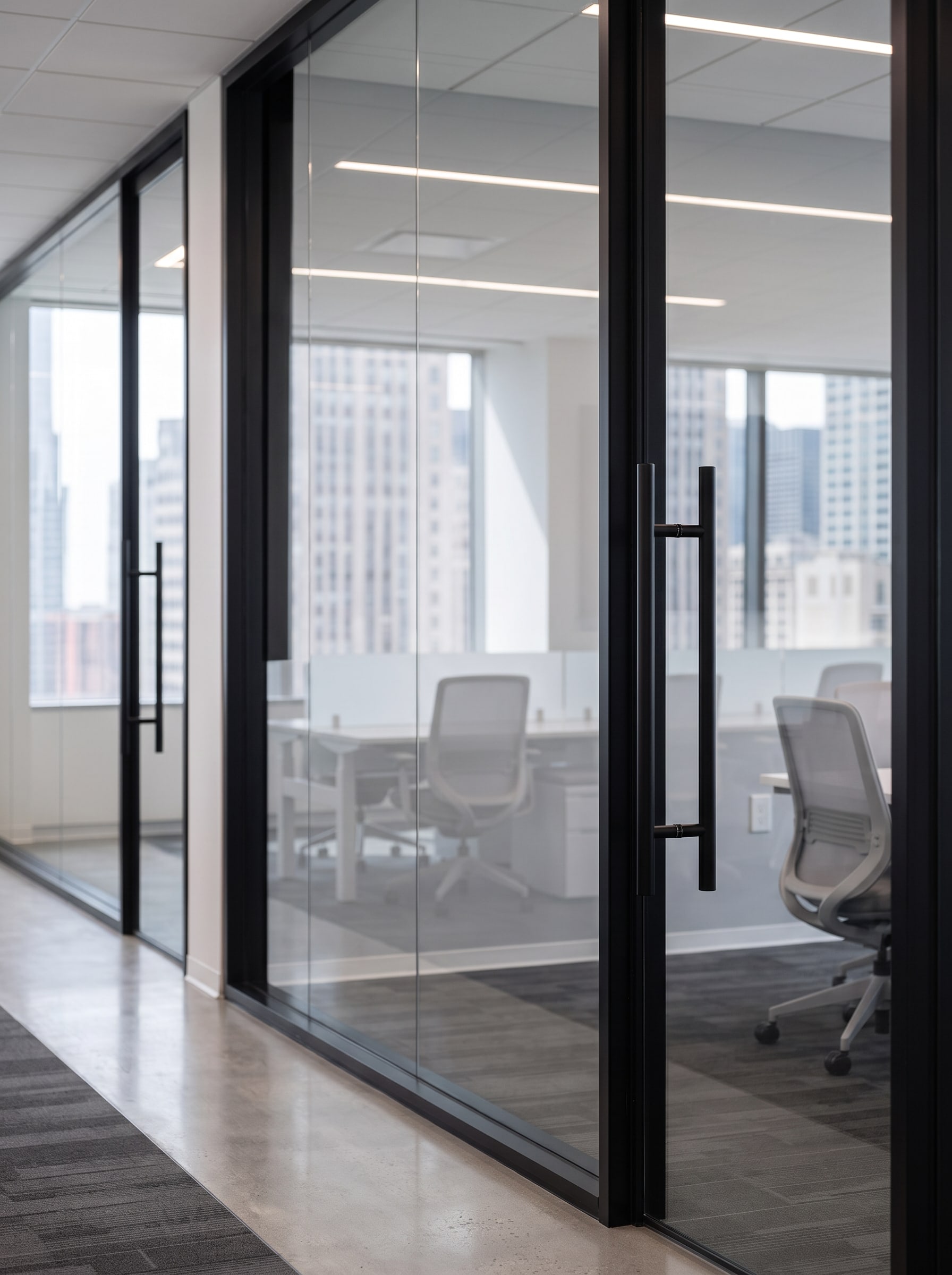 Black-framed glass meeting room fronts along the open workspace