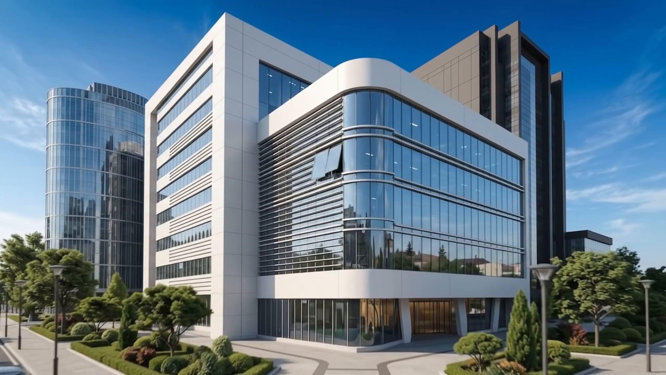A glazed commercial office building on a clear day