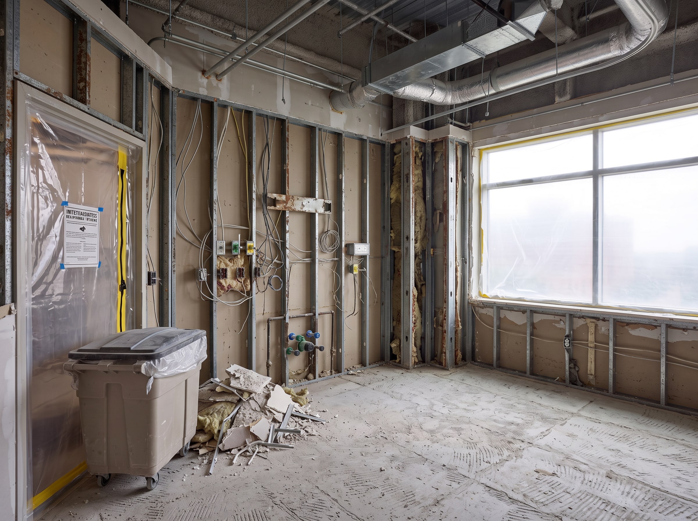 The same room during demolition: walls opened to the studs, ceiling out to the deck, debris cart by the door