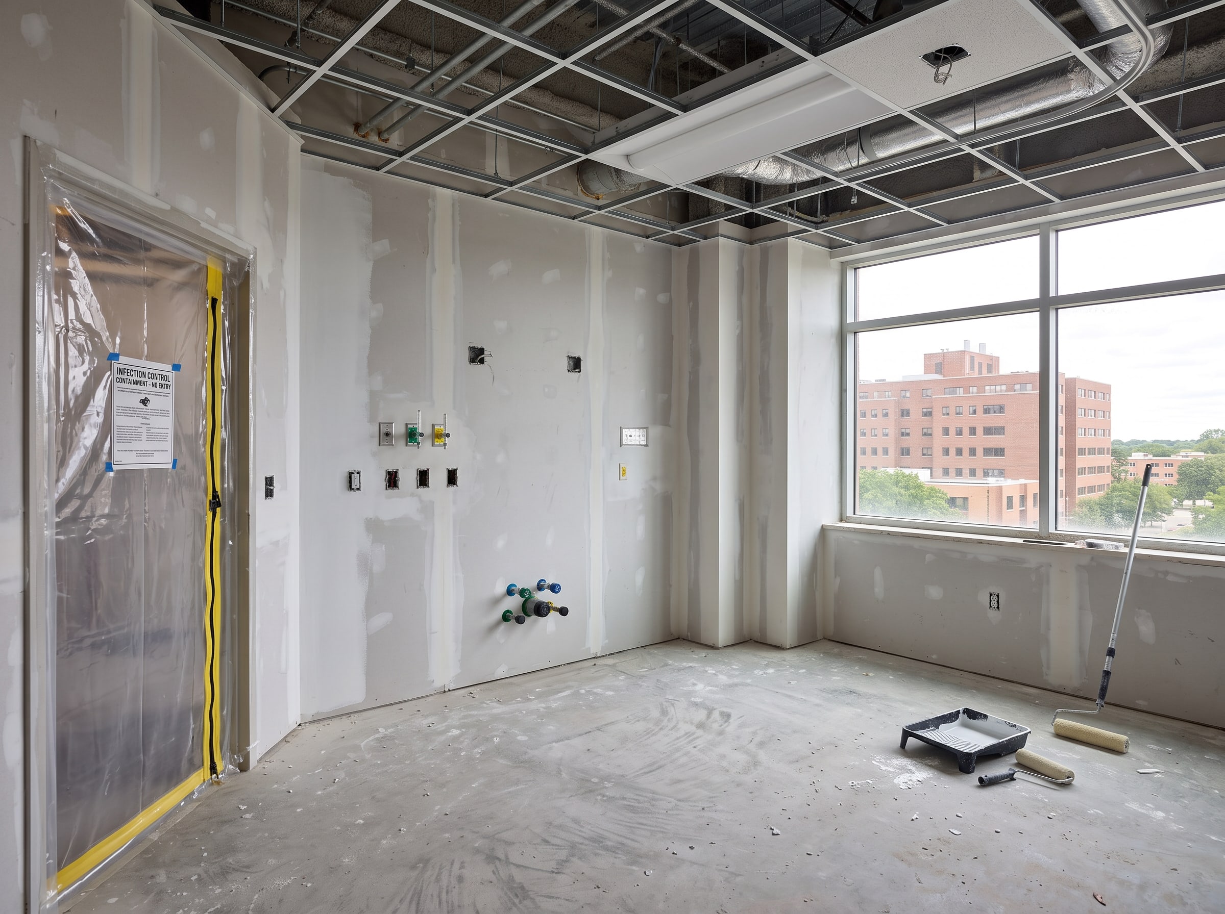 The same room with new drywall going to primer, ceiling grid in, the doorway still sealed with a zippered plastic door