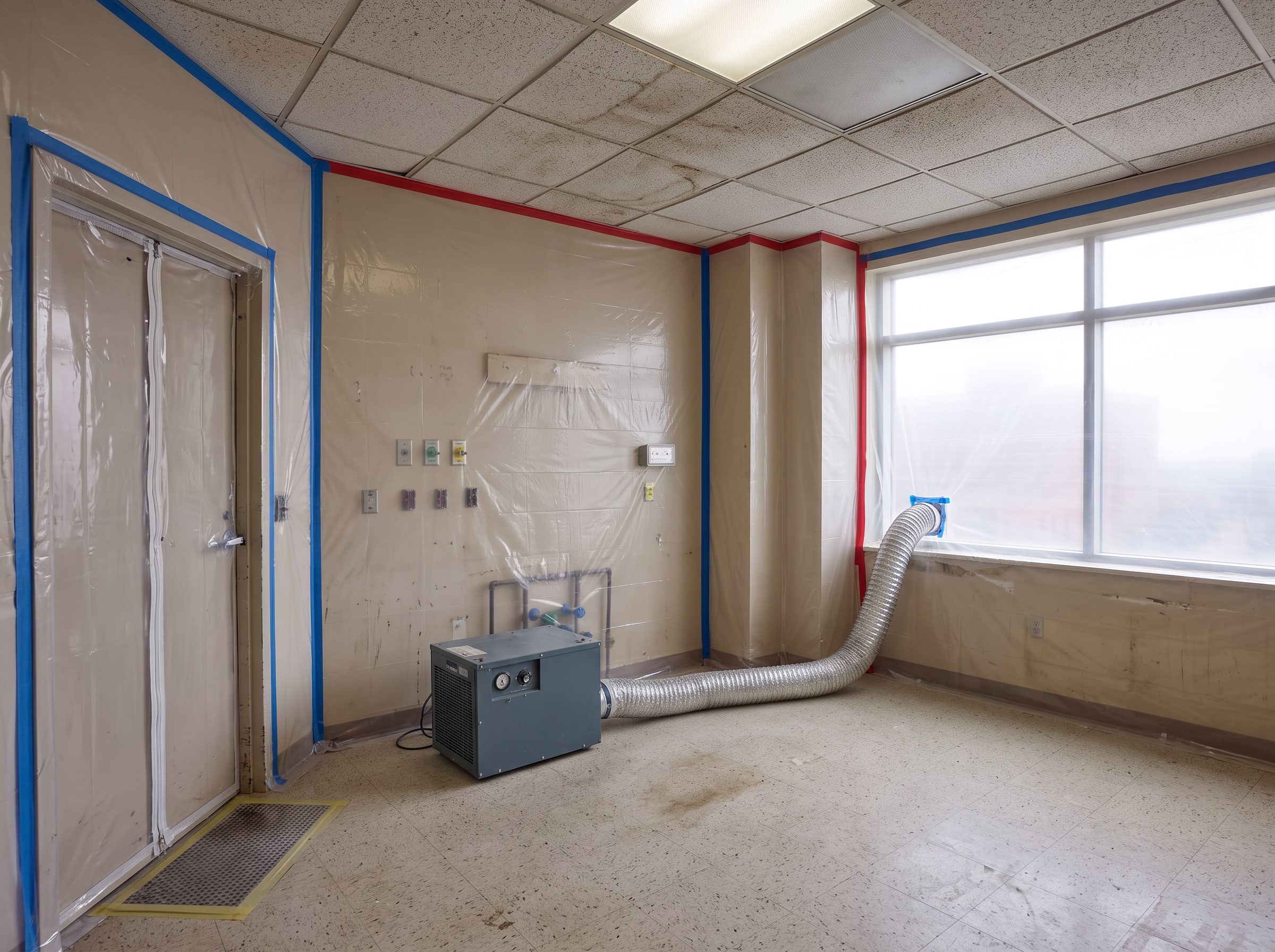 The old patient room sealed before work starts: plastic sheeting over the walls and window, a HEPA negative-air machine and a zippered door