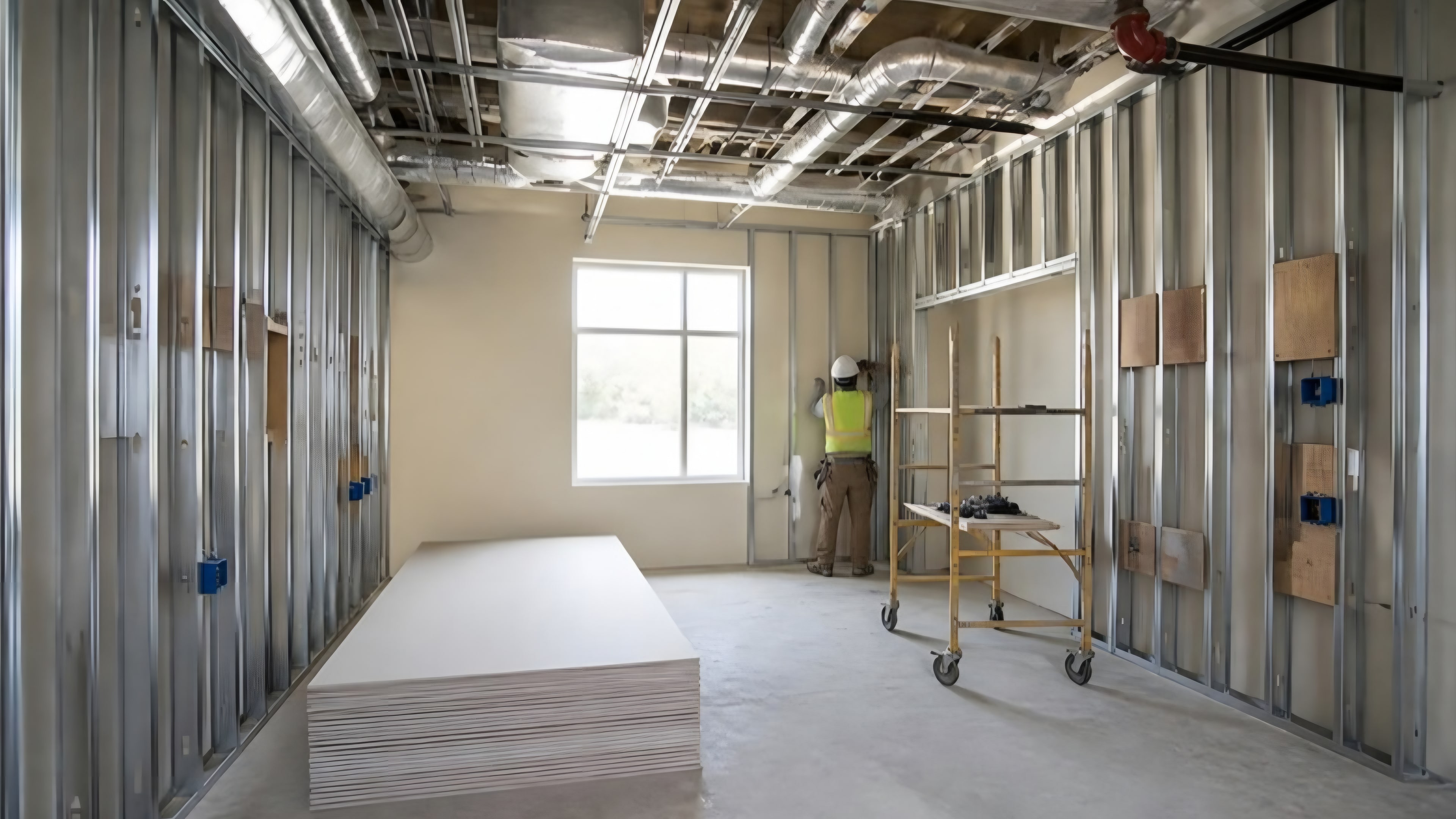 New metal stud framing with backing plates between the studs in a patient room under renovation