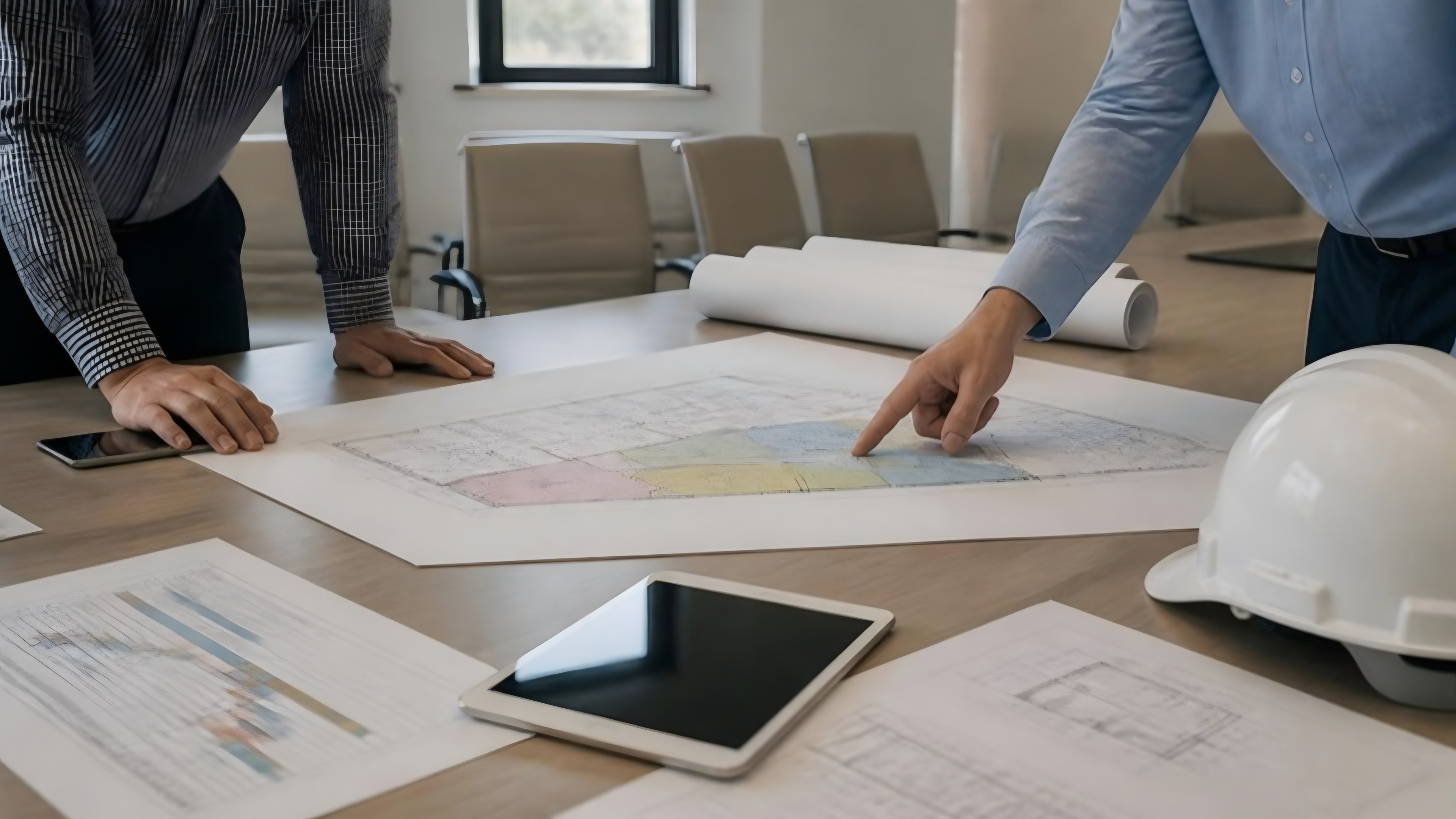 Floor plans marked in colored phase zones on a table, with a tablet and a hard hat beside them