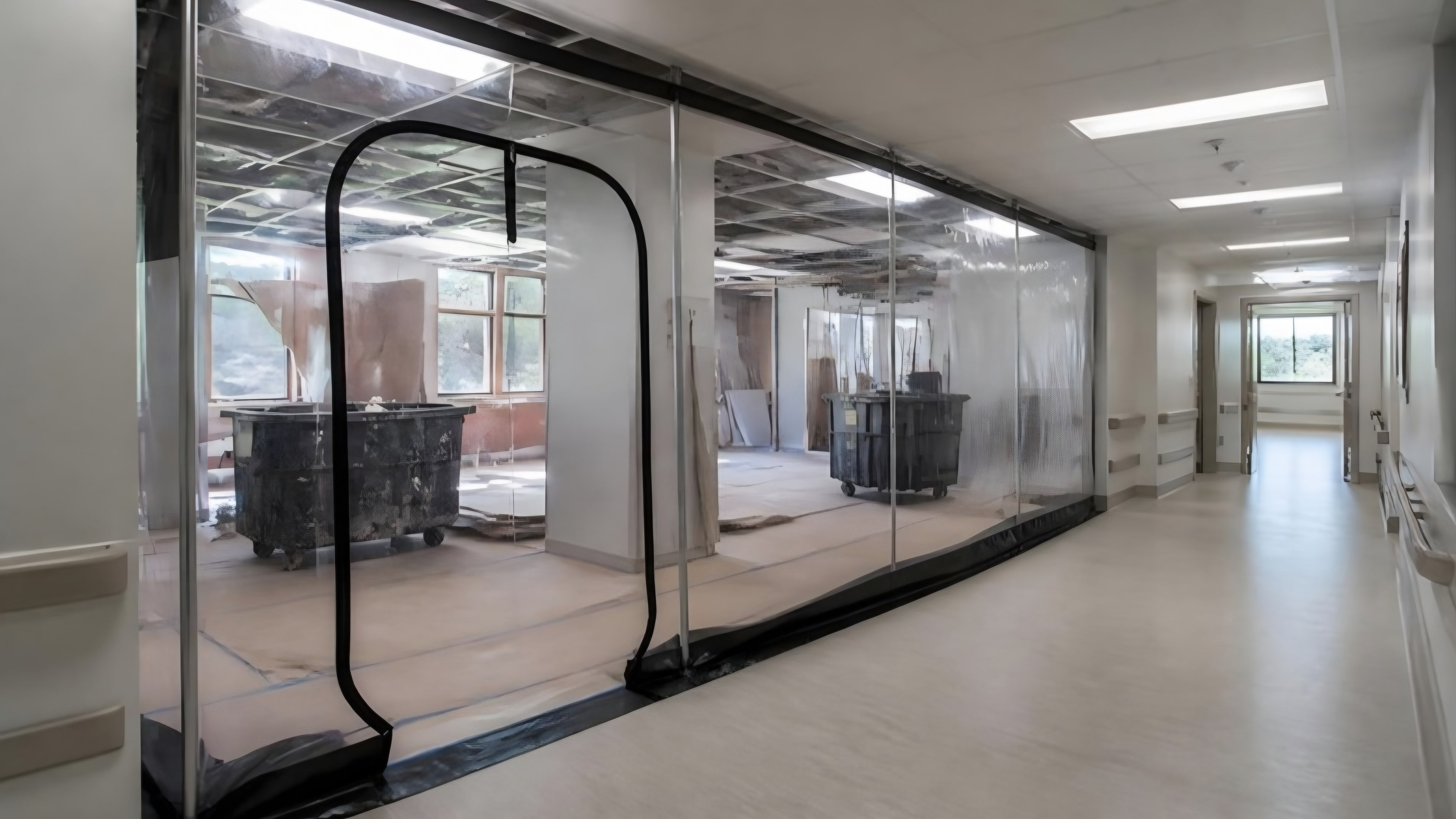 A clear plastic containment wall with a zipper door separating a demolition zone from an in-service hospital corridor