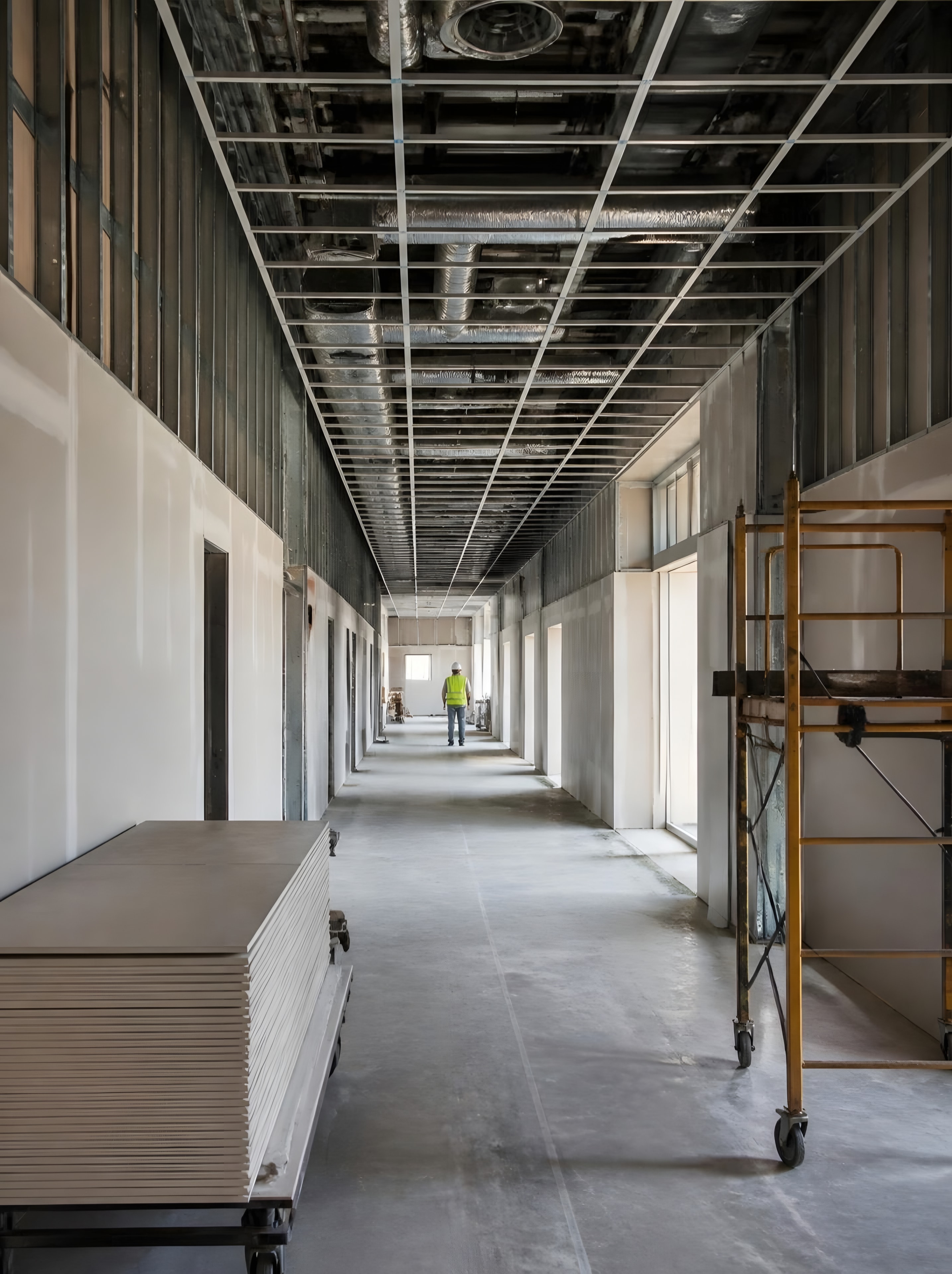 A corridor in a new building at fit-out: stud walls half boarded, ceiling grid overhead and a rolling scaffold