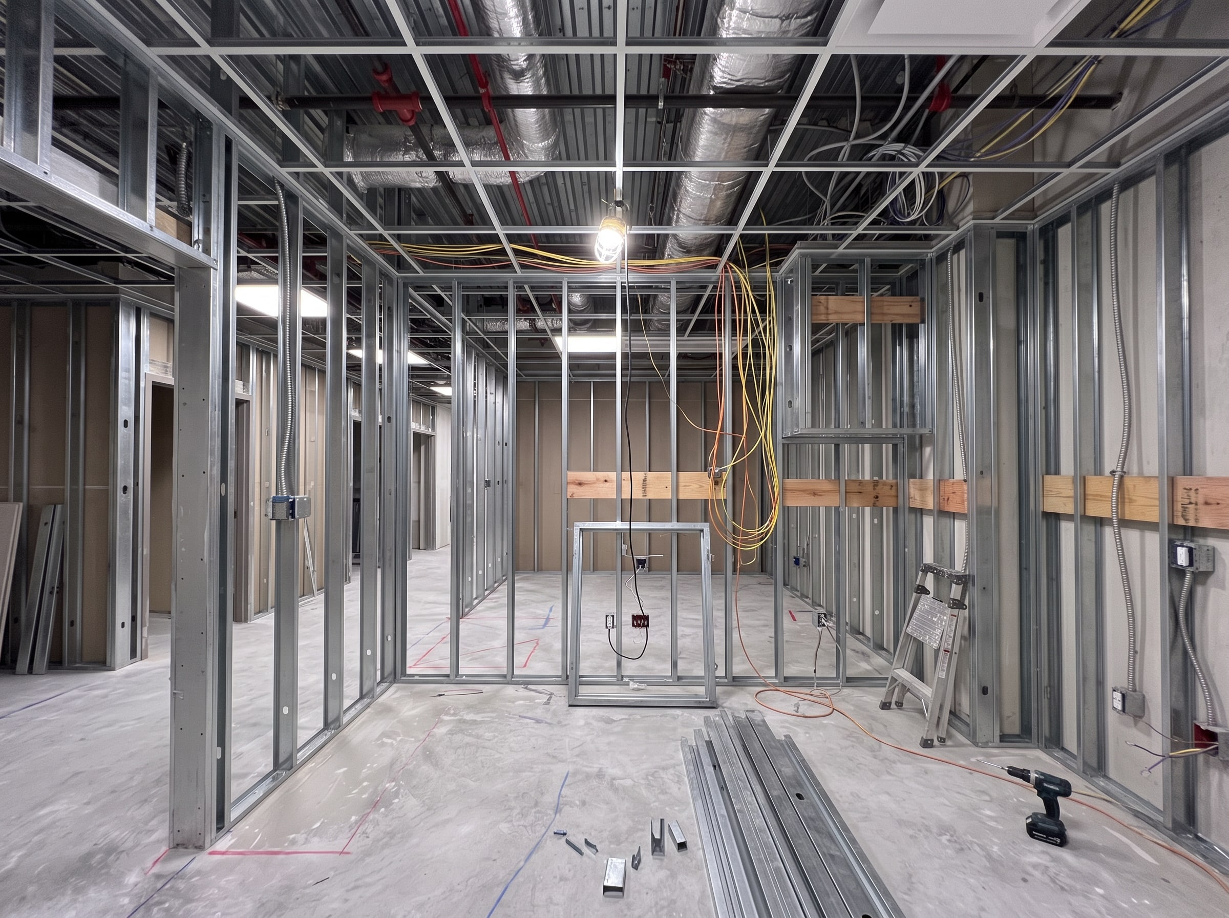 The same exam room in metal stud framing, wood blocking for the cabinets, cables pulled and ductwork running overhead