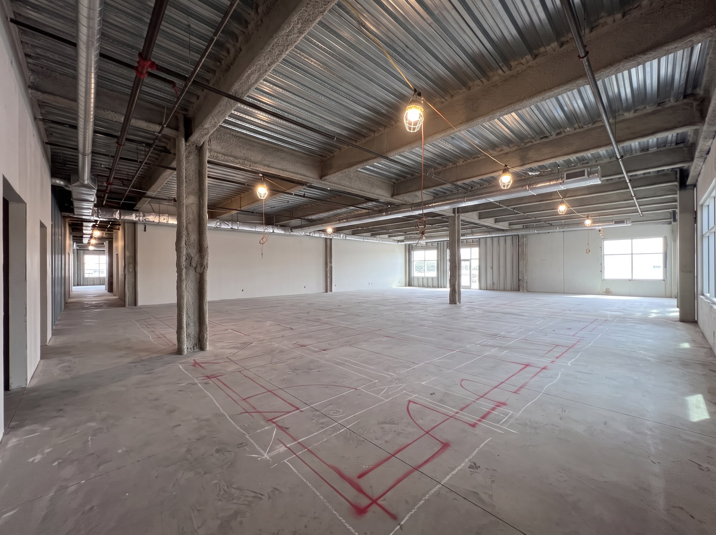 The open floor at handover from the general contractor: bare slab with chalk and red layout lines for the future walls, ceiling open to the deck