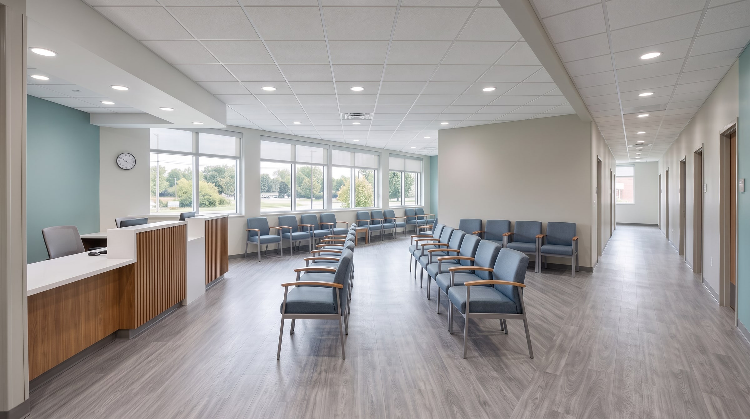The renovated outpatient center: the new waiting room and the corridor to the exam rooms