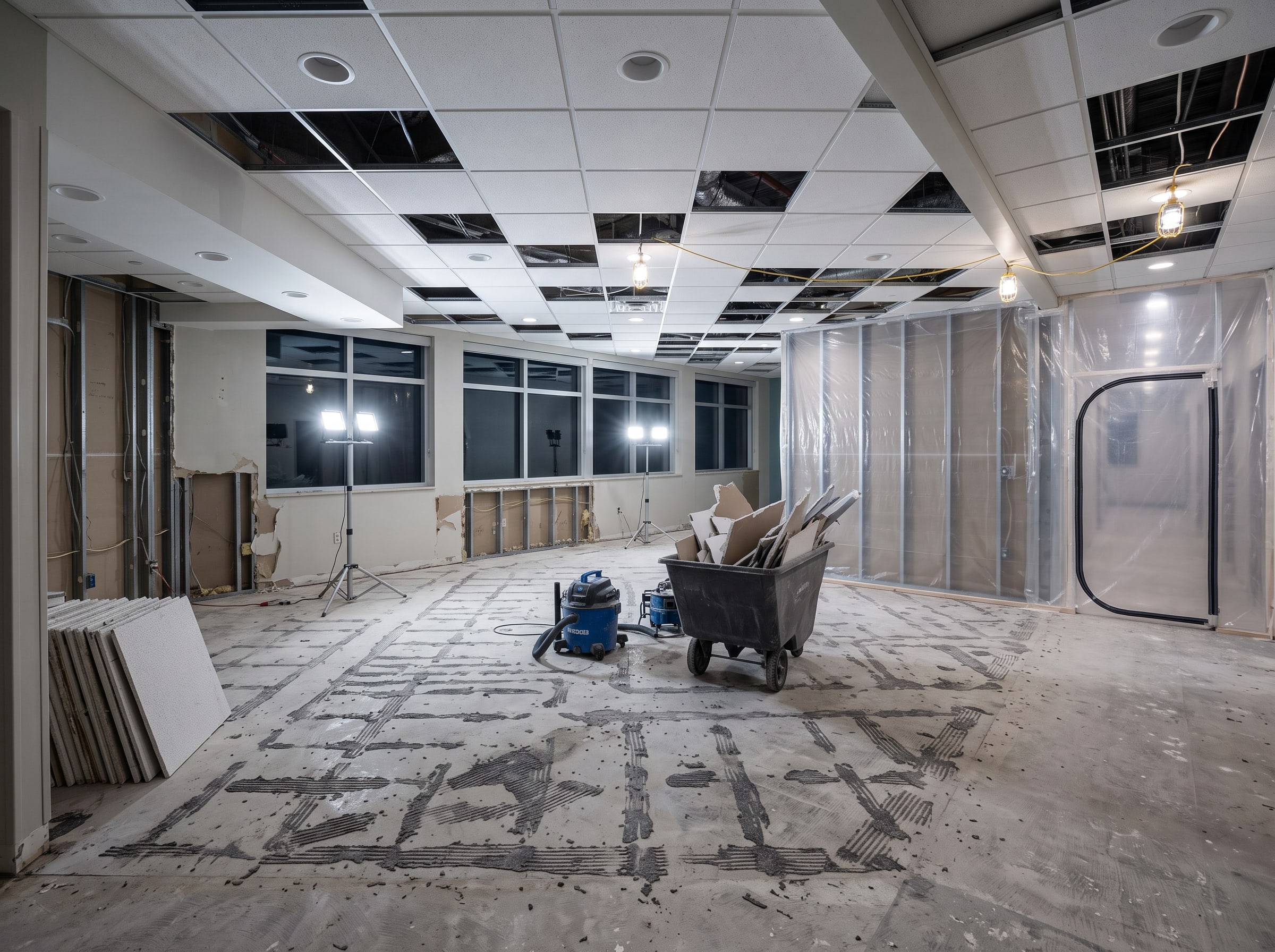 The same room during after-hours demolition: old finishes out, work lights on stands against the evening windows