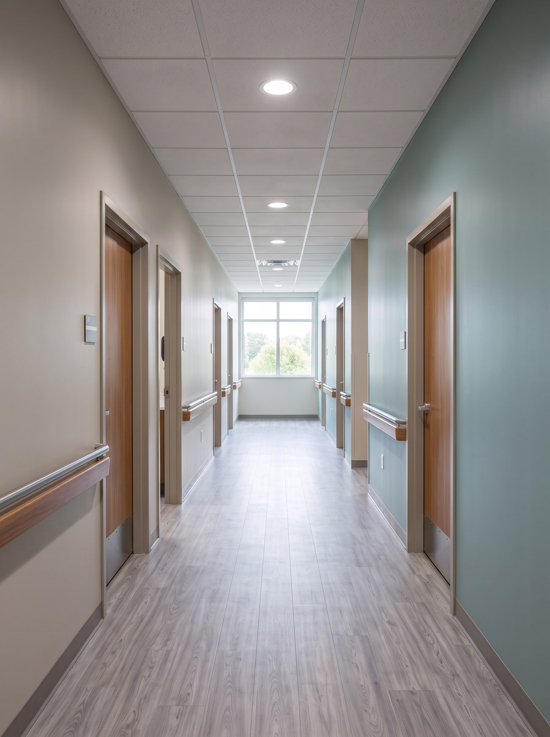 The new corridor to the exam rooms: wood-veneer doors, handrail and a window at the far end
