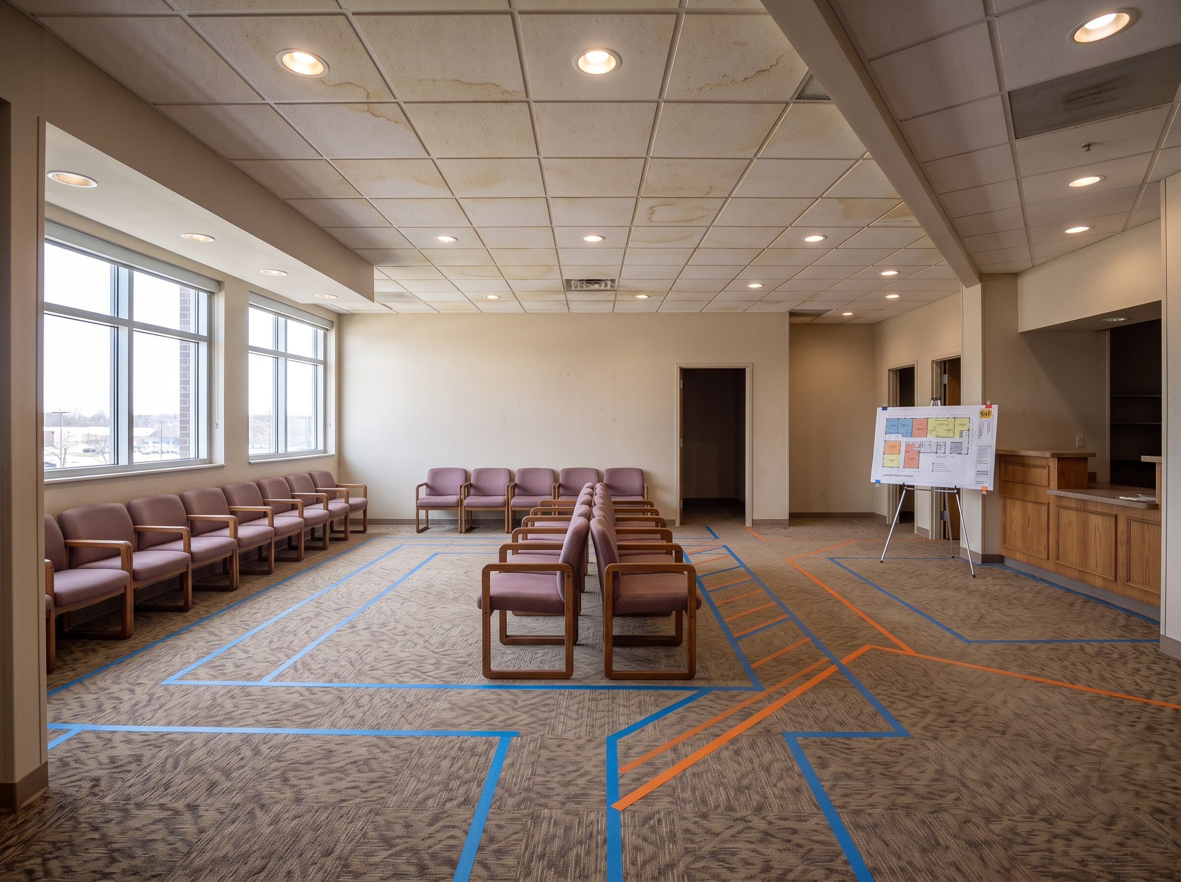 The old waiting room still in use, with tape lines on the floor marking the construction phases and the phasing plan on an easel