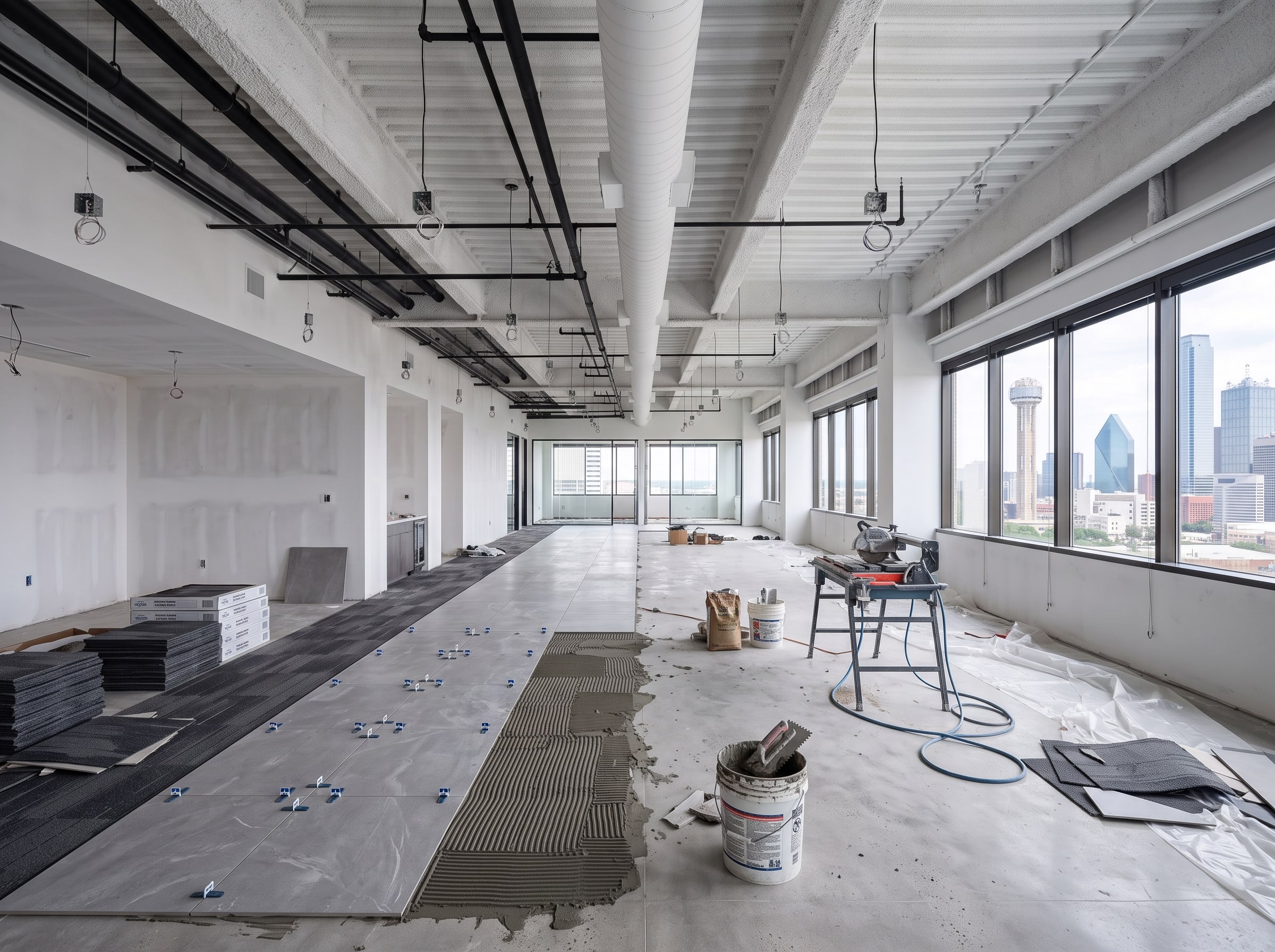 The same floor while the new flooring goes down: porcelain tile half laid in the aisle, carpet tile under the windows