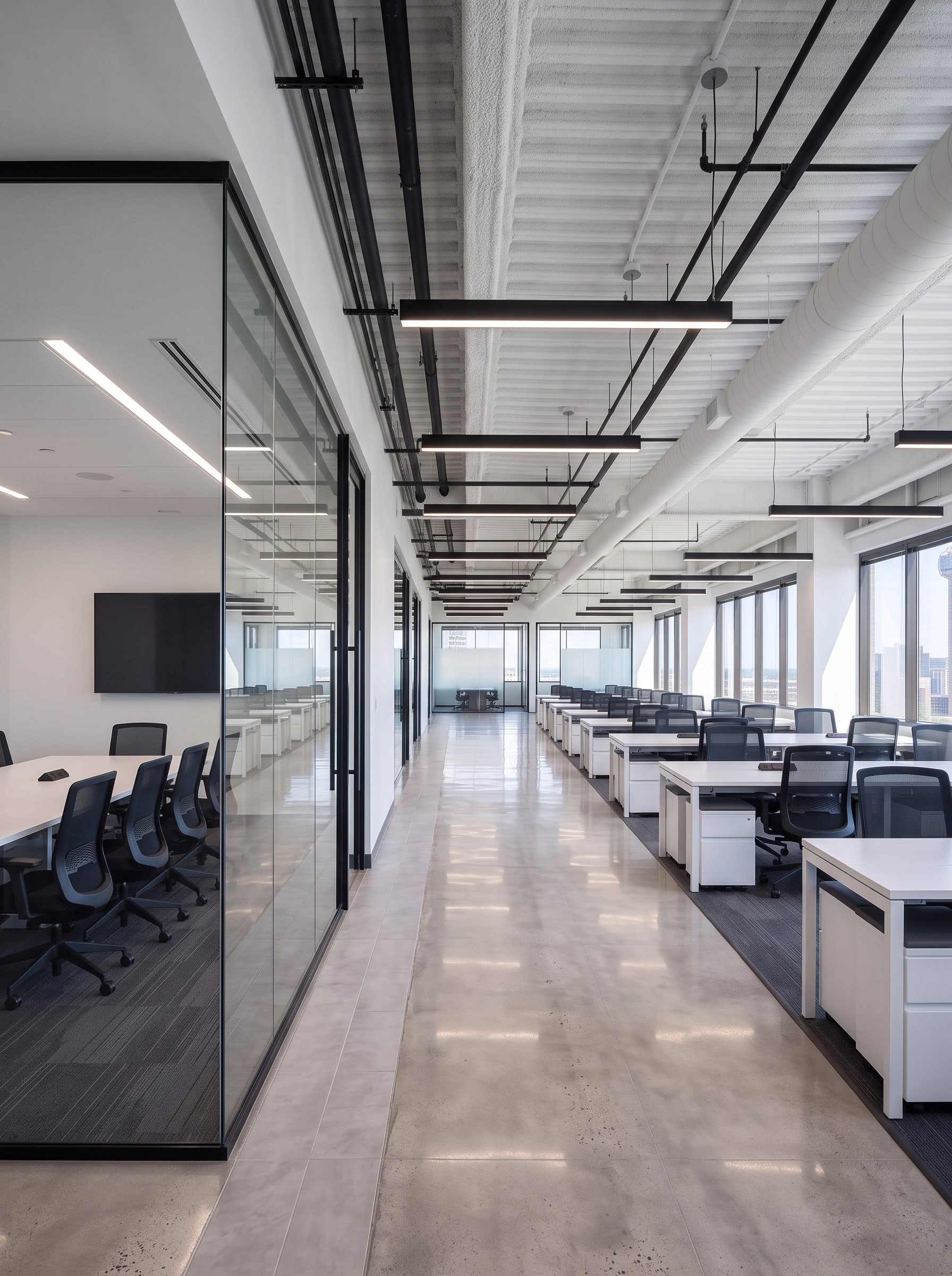 Inside a glass-front meeting room: white table, black chairs, a wall display