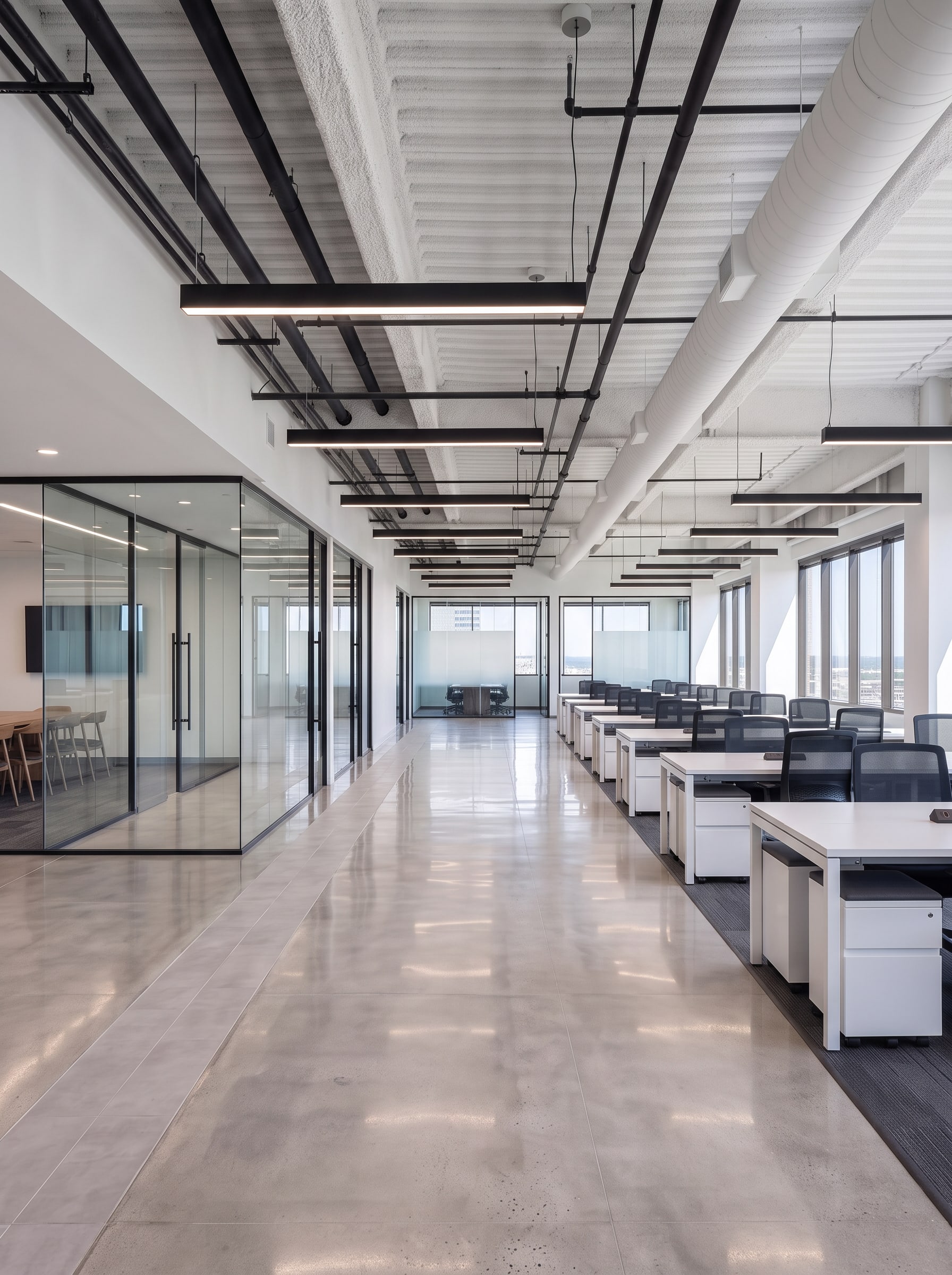 Along the open workspace: rows of white desks and the polished tile aisle to the windows