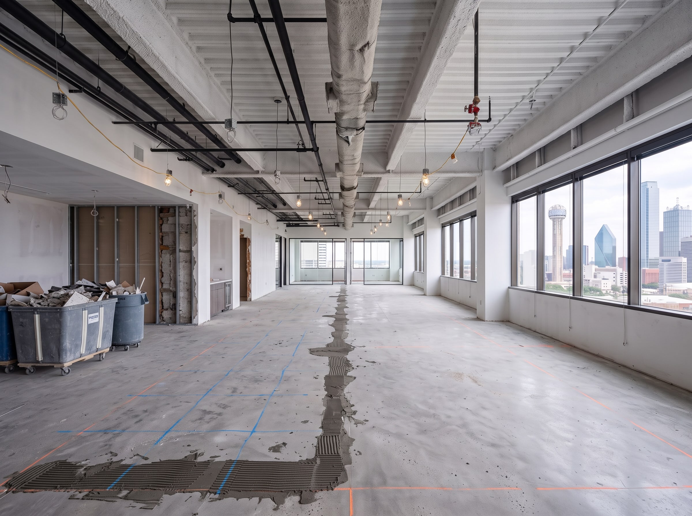 The same floor after demolition, taken back to shell: bare slab with layout lines, ceiling open to the deck