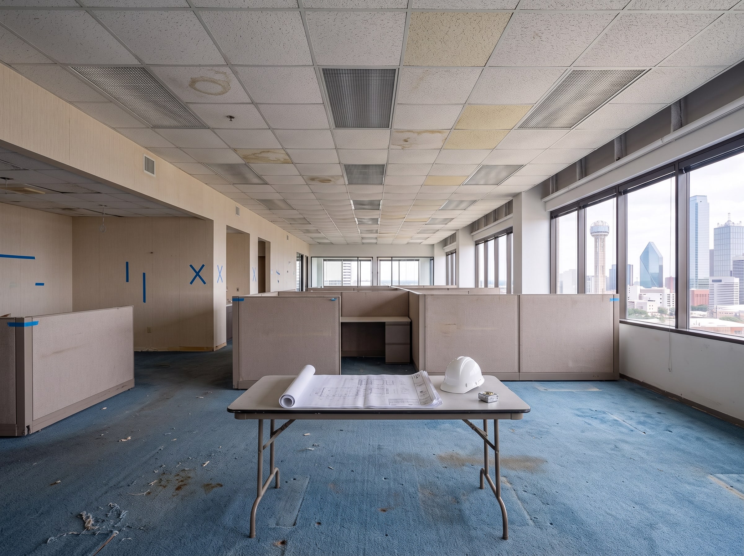 The old office floor at the walkthrough: dated cubicles and ceiling, the new drawing set open on a folding table, tape marking walls to come out