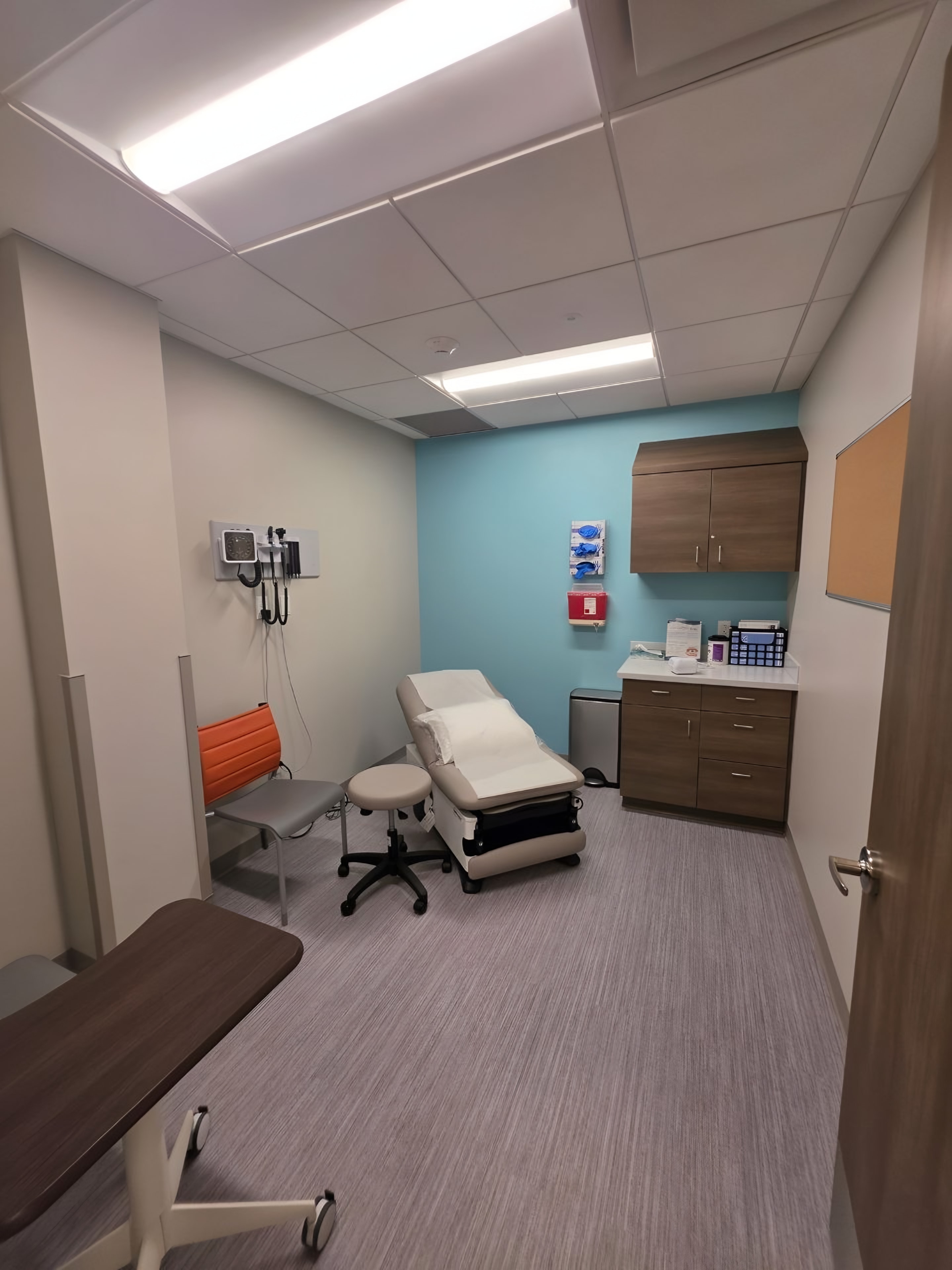 A finished exam room with an exam table, wall-mounted diagnostics and wood casework
