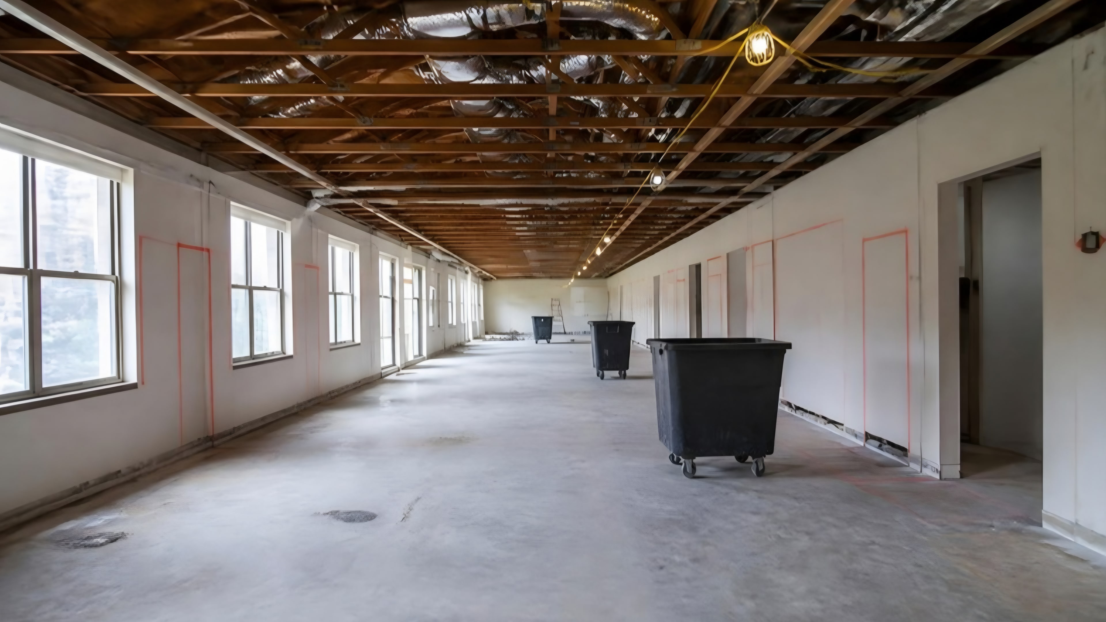 A long wing stripped back to the slab with ceilings open and walls marked for demolition