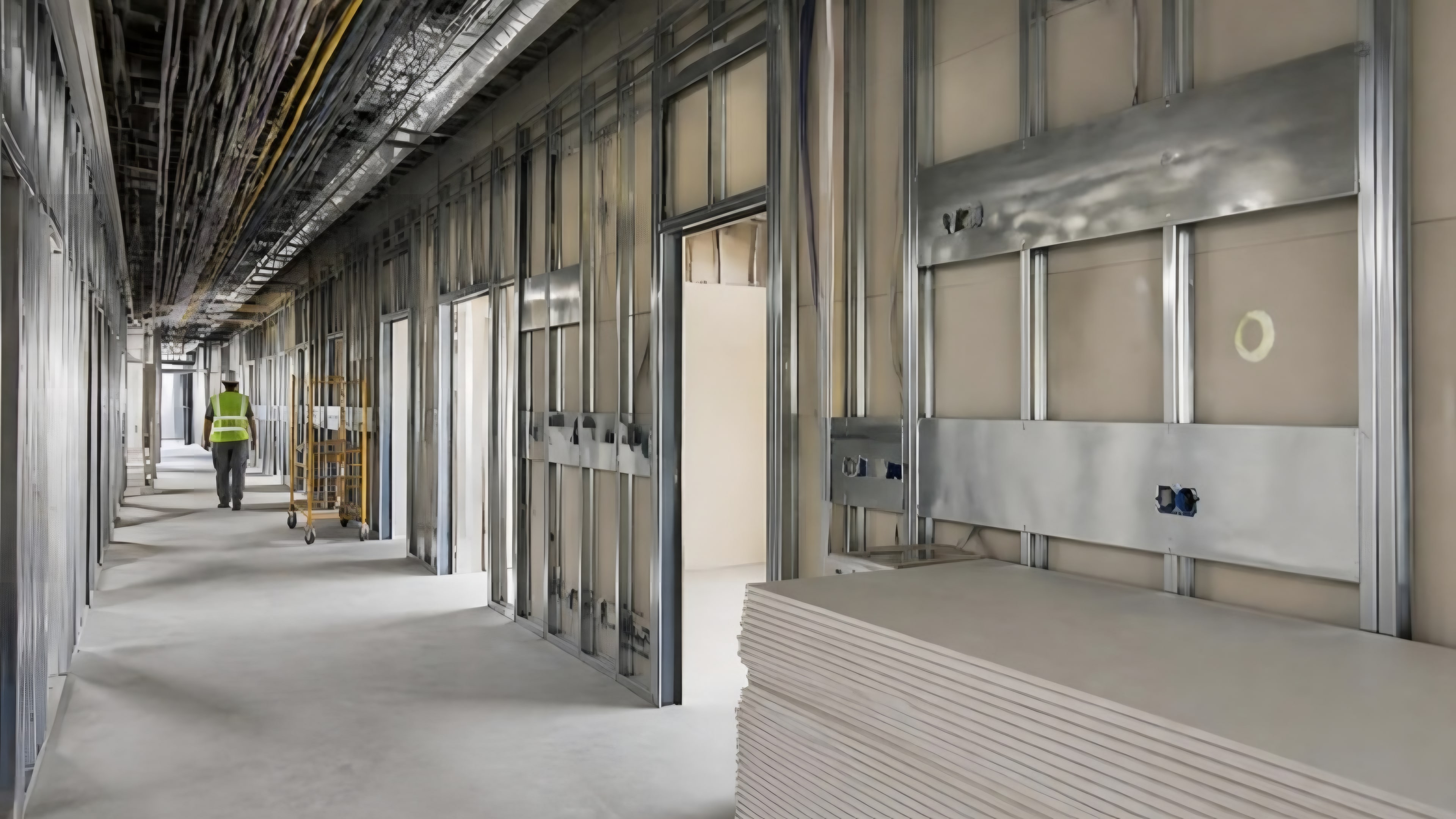 Metal stud framing for bedrooms along a corridor, heavy backing plates in the walls and board stacked in the foreground