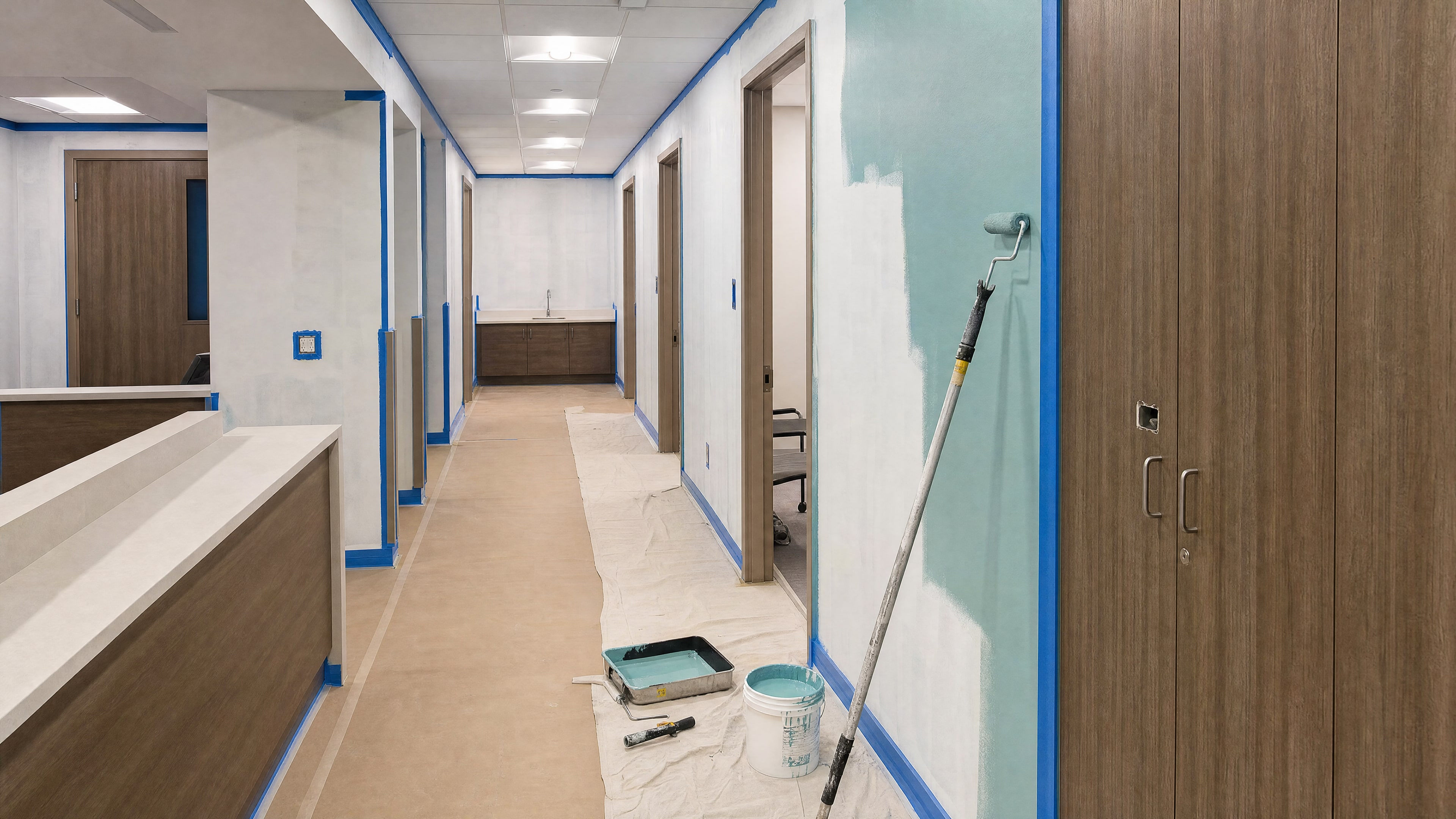 A teal accent wall being rolled on in a protected corridor
