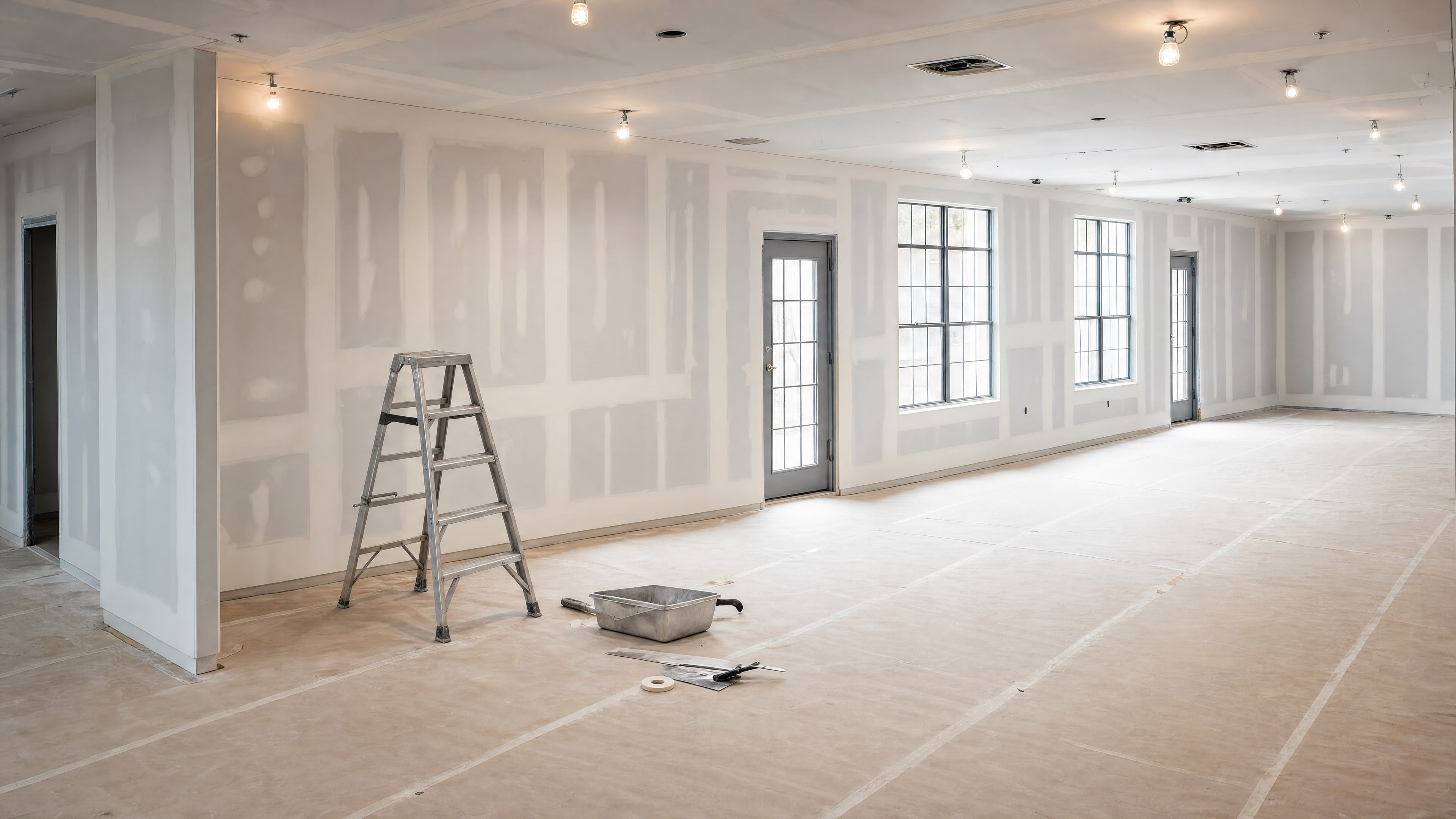New gypsum board with taped joints on the walls, protective paper on the floor and a stepladder