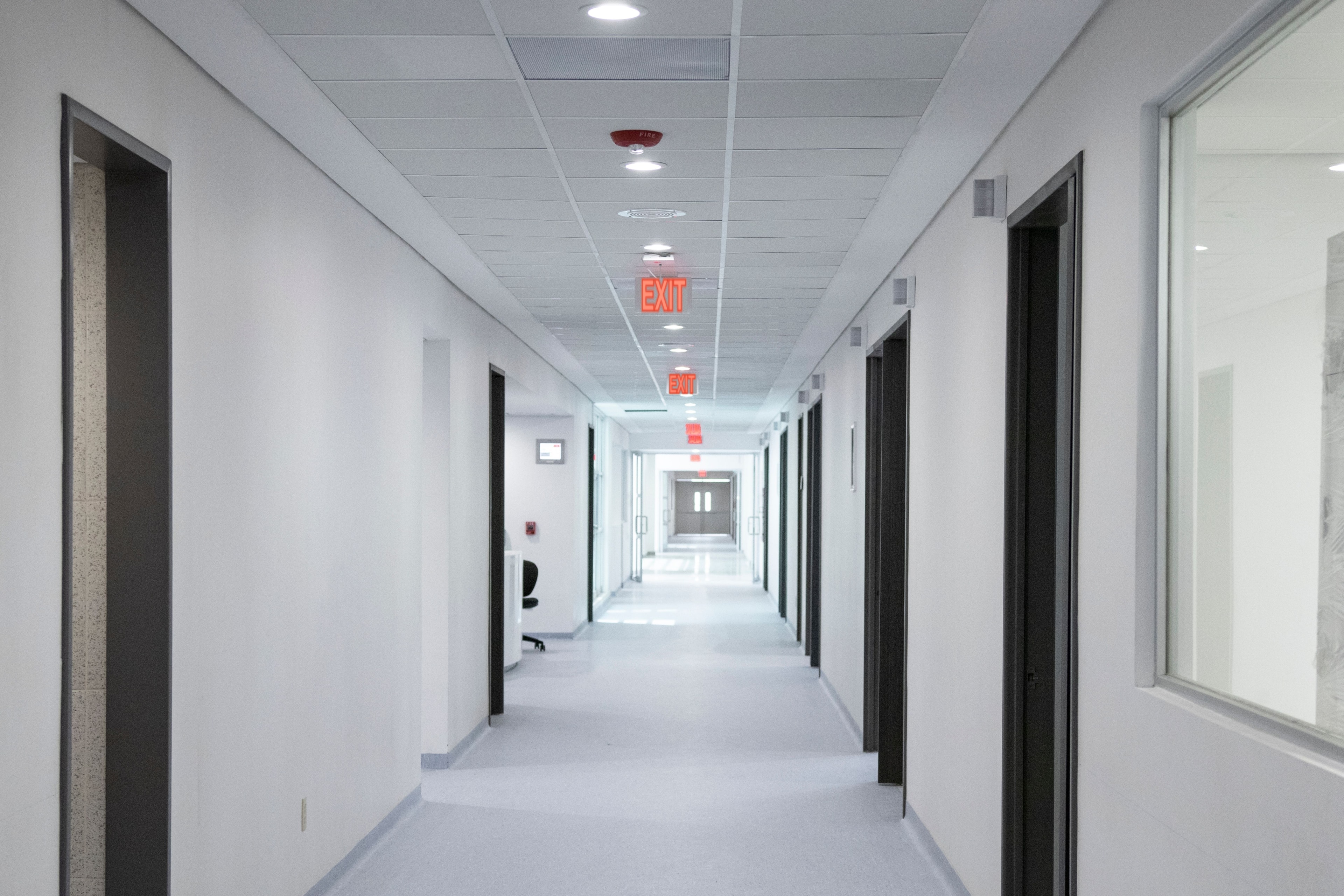 A newly finished commercial corridor: dark door frames set in white walls down both sides, a glazed wall on the right, a lay-in ceiling with recessed lights and exit signs running to the far end