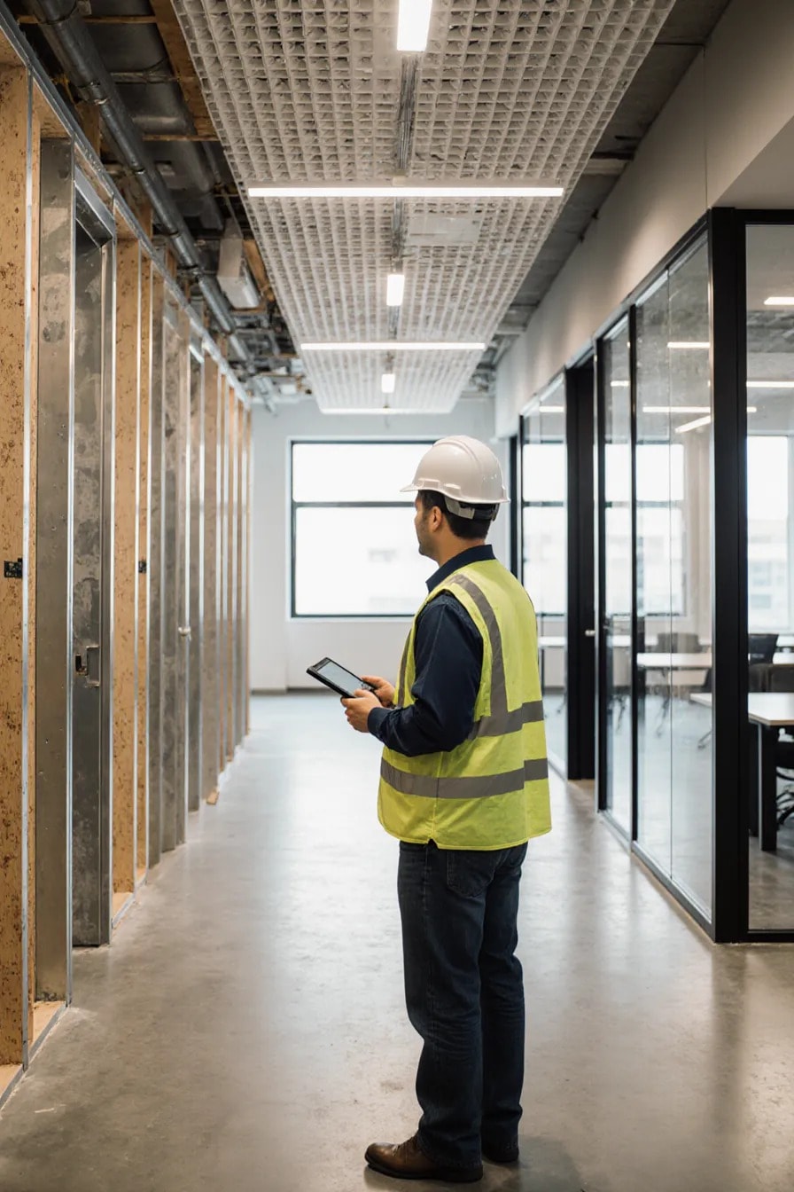 A site superintendent in a hard hat and hi-vis vest checks a tablet on an office floor mid fit-out: bare metal studs on one side, finished glass partitions on the other, ceiling grid going in overhead