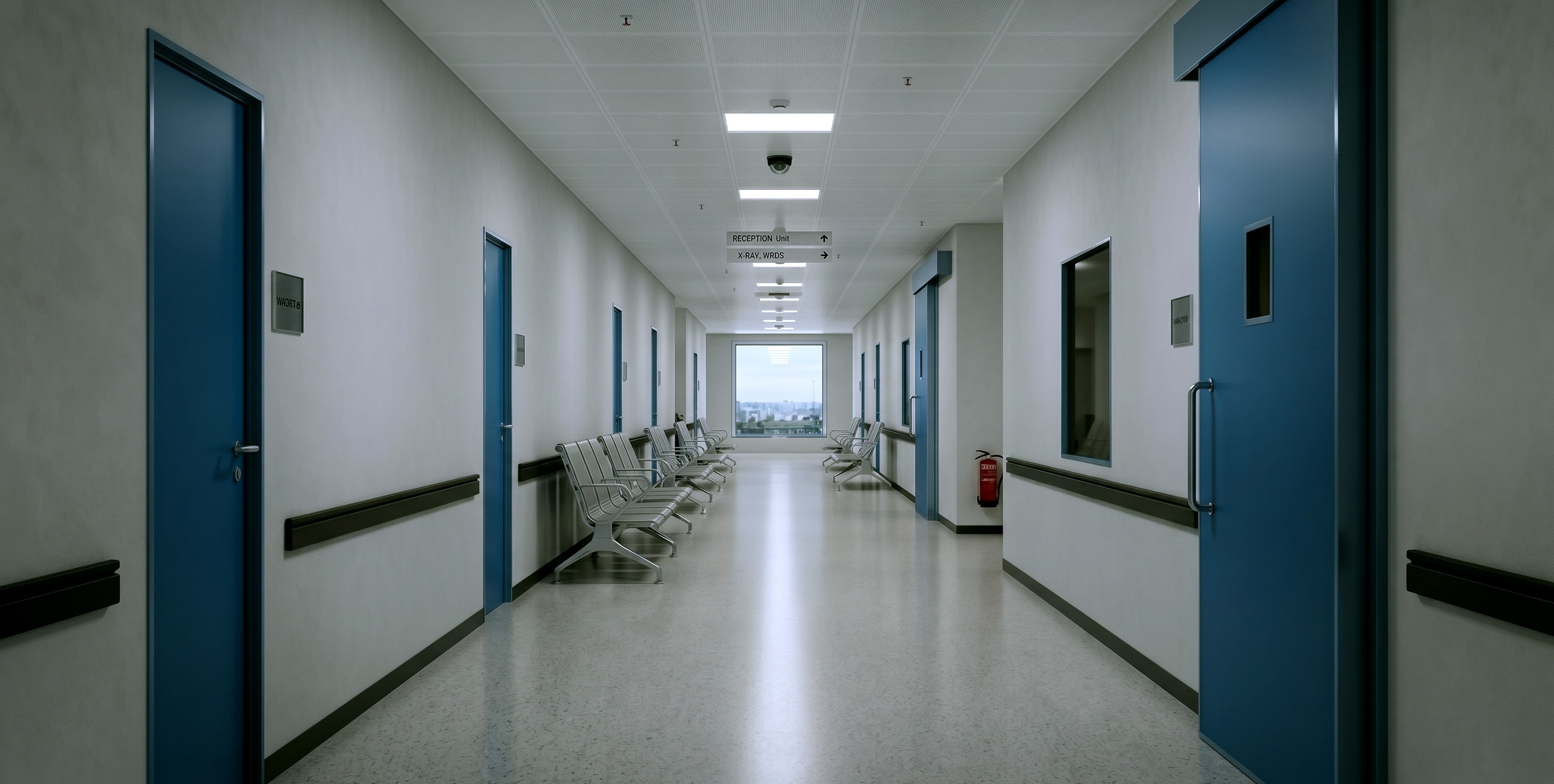 A clean, modern hospital corridor: blue patient-room doors and handrails down both walls, rows of waiting seats, wayfinding signs under a lay-in ceiling and a window at the far end