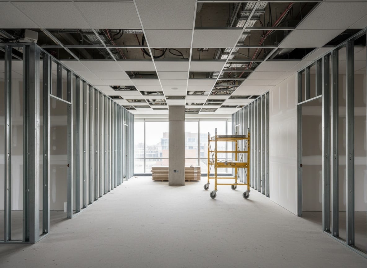 A commercial floor mid build-out: metal stud partitions standing in rows, a suspended ceiling grid part-tiled overhead, a rolling scaffold and flooring stacked by a window wall