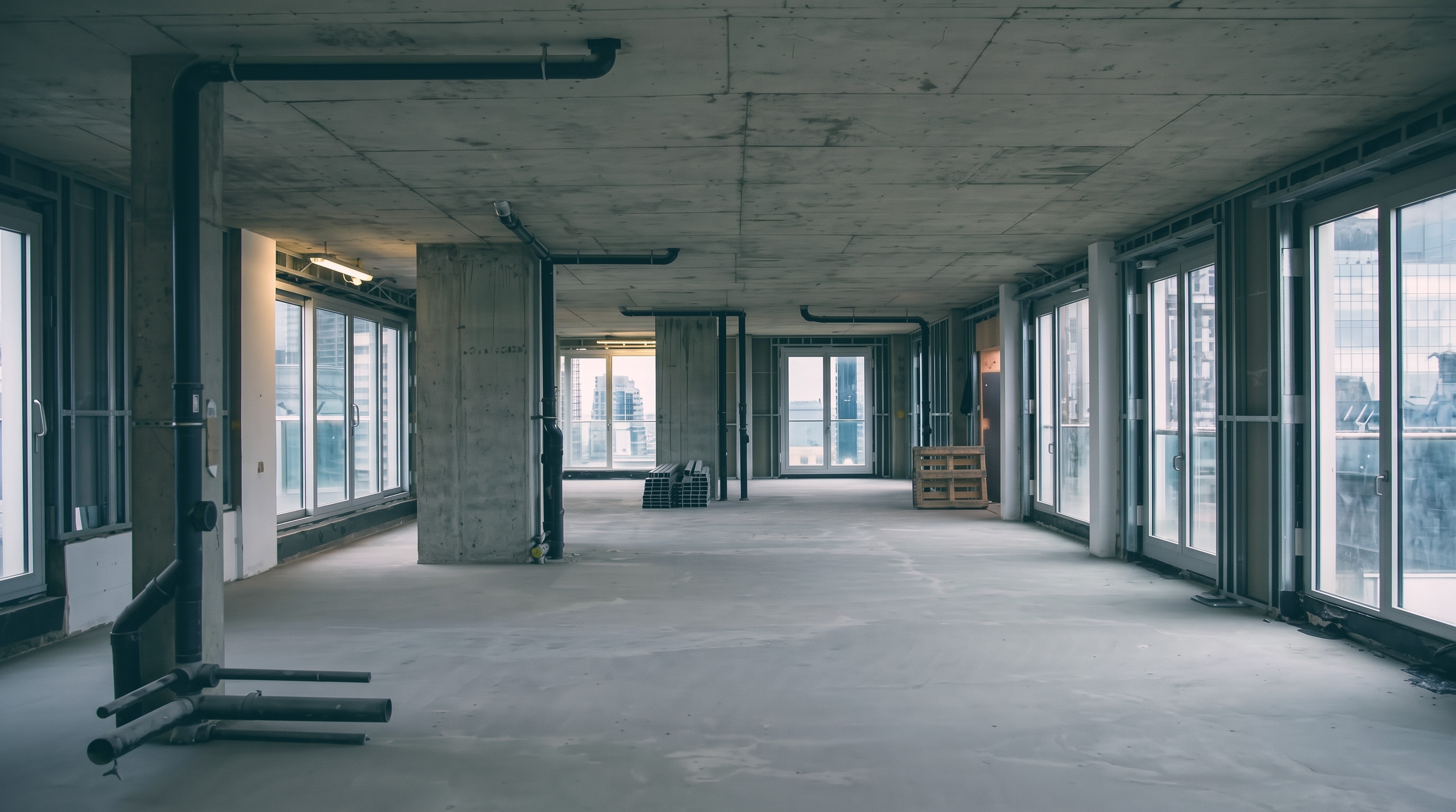 An open floor of a new high-rise ready for interior fit-out: concrete slab and columns, new window walls with the city beyond, metal studs stacked on the floor and services run overhead
