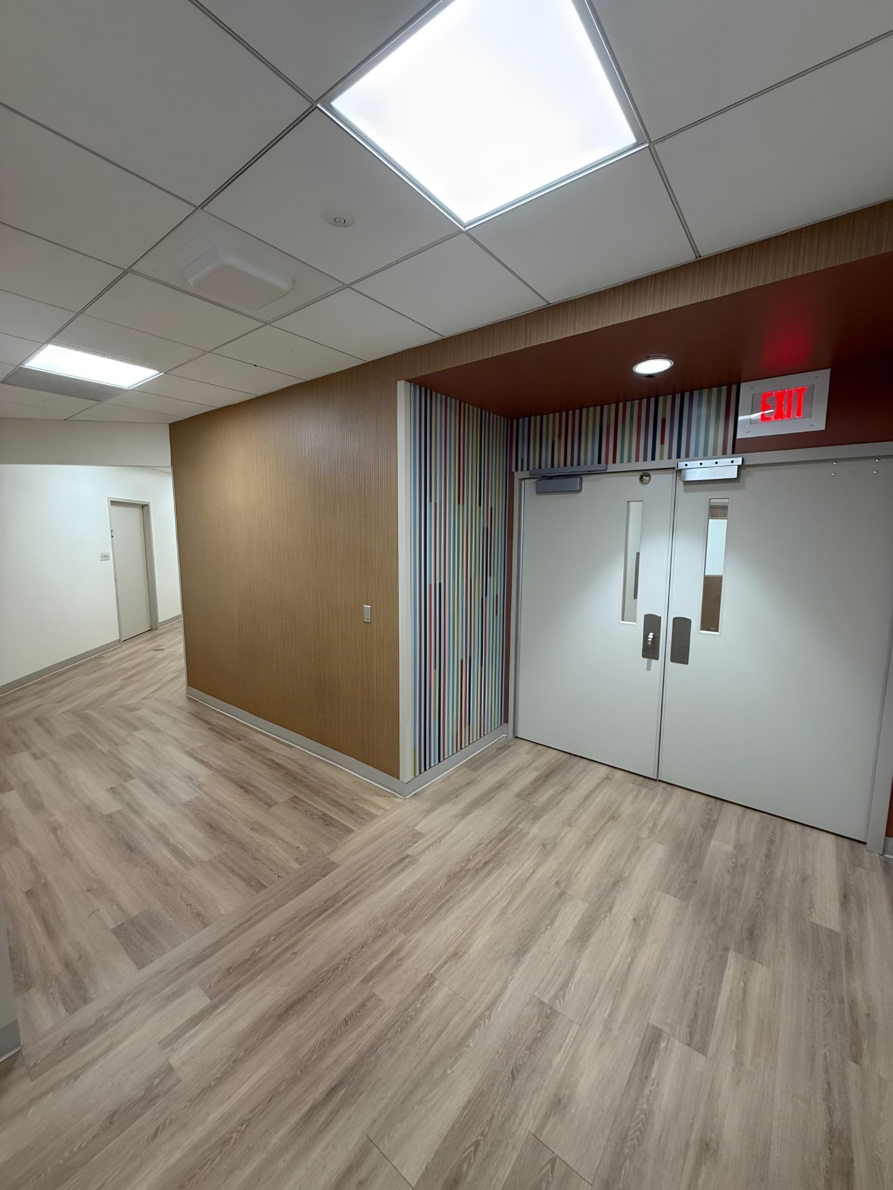 A finished corridor with a wood-panel accent wall and double doors