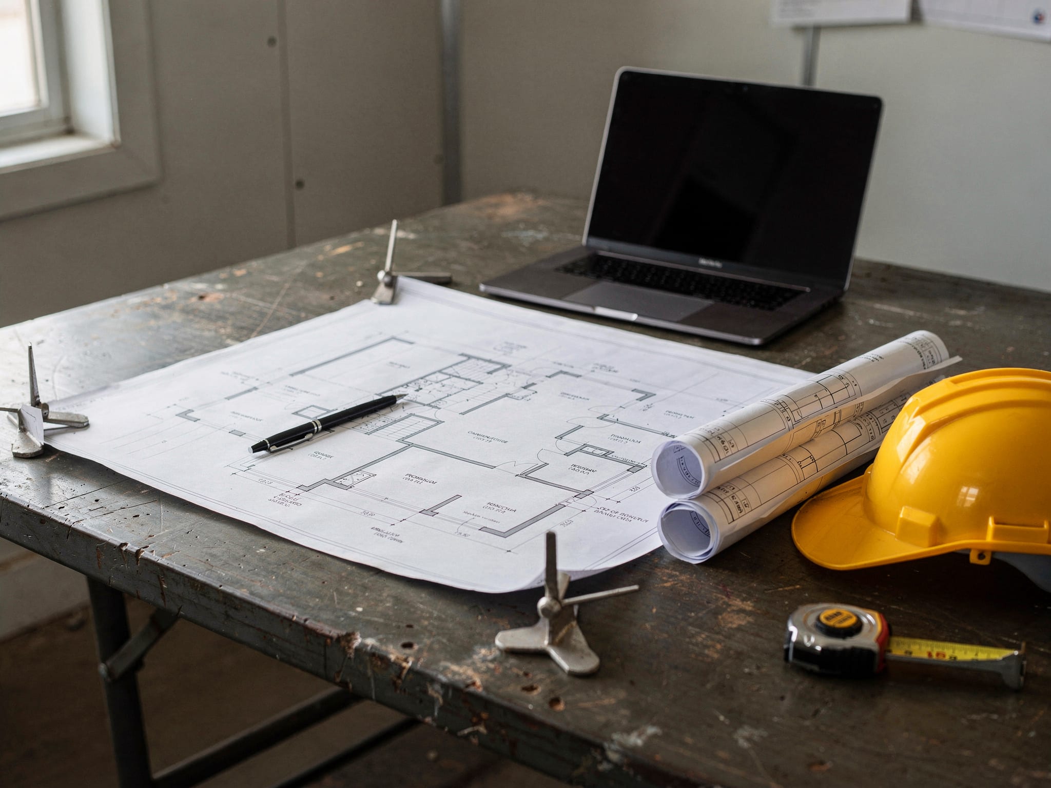 A preconstruction desk in a jobsite office: a set of floor plans unrolled and weighted flat, a second set rolled beside it, a laptop angled away, a hard hat and a tape measure set down at the edge of the table